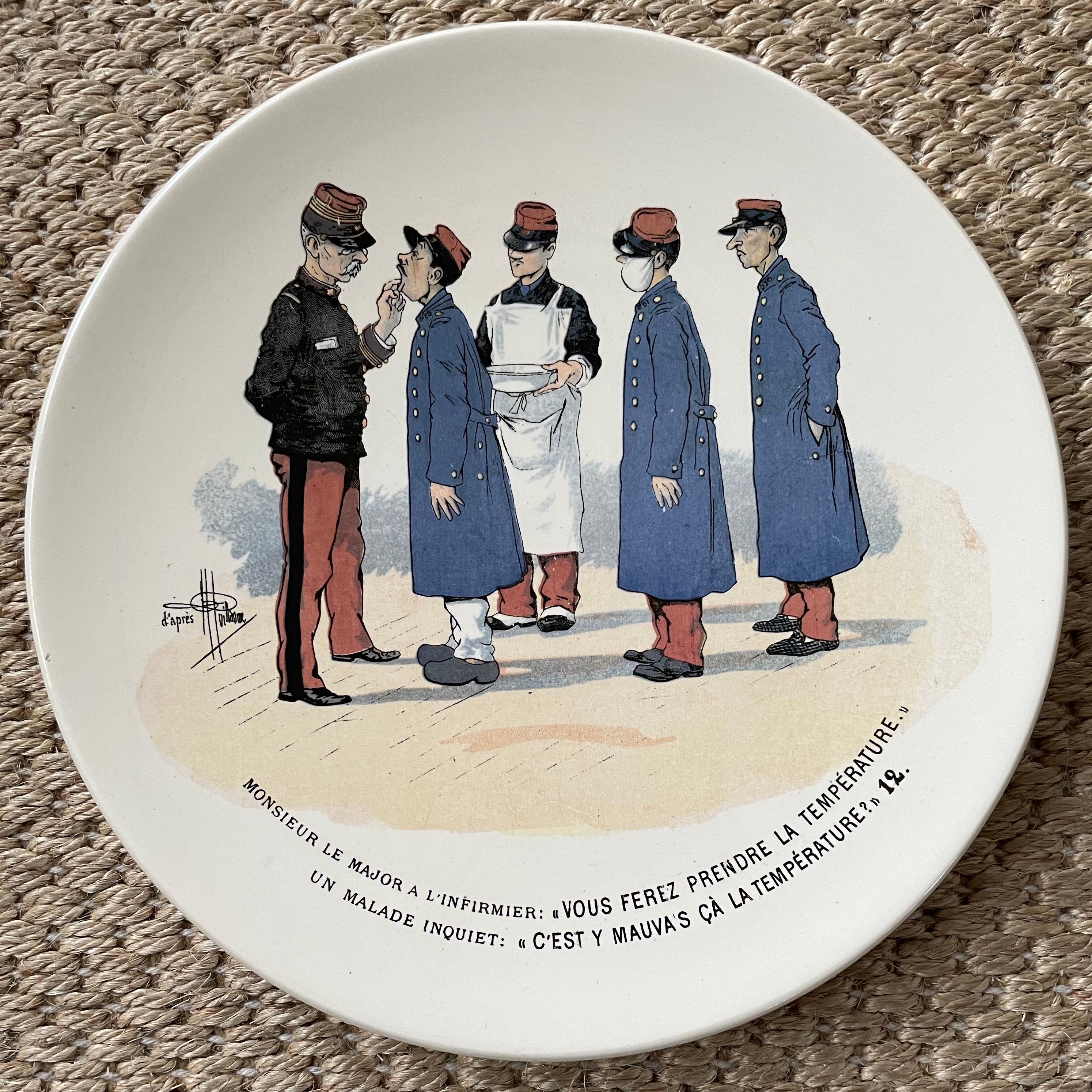 Set of twelve French creamware military plates. Twelve unique and individual French military scene from the first world war. Each plate numbered Sarraguemines manufactured. France, first quarter of 20th Century. 
Dimensions: 9
