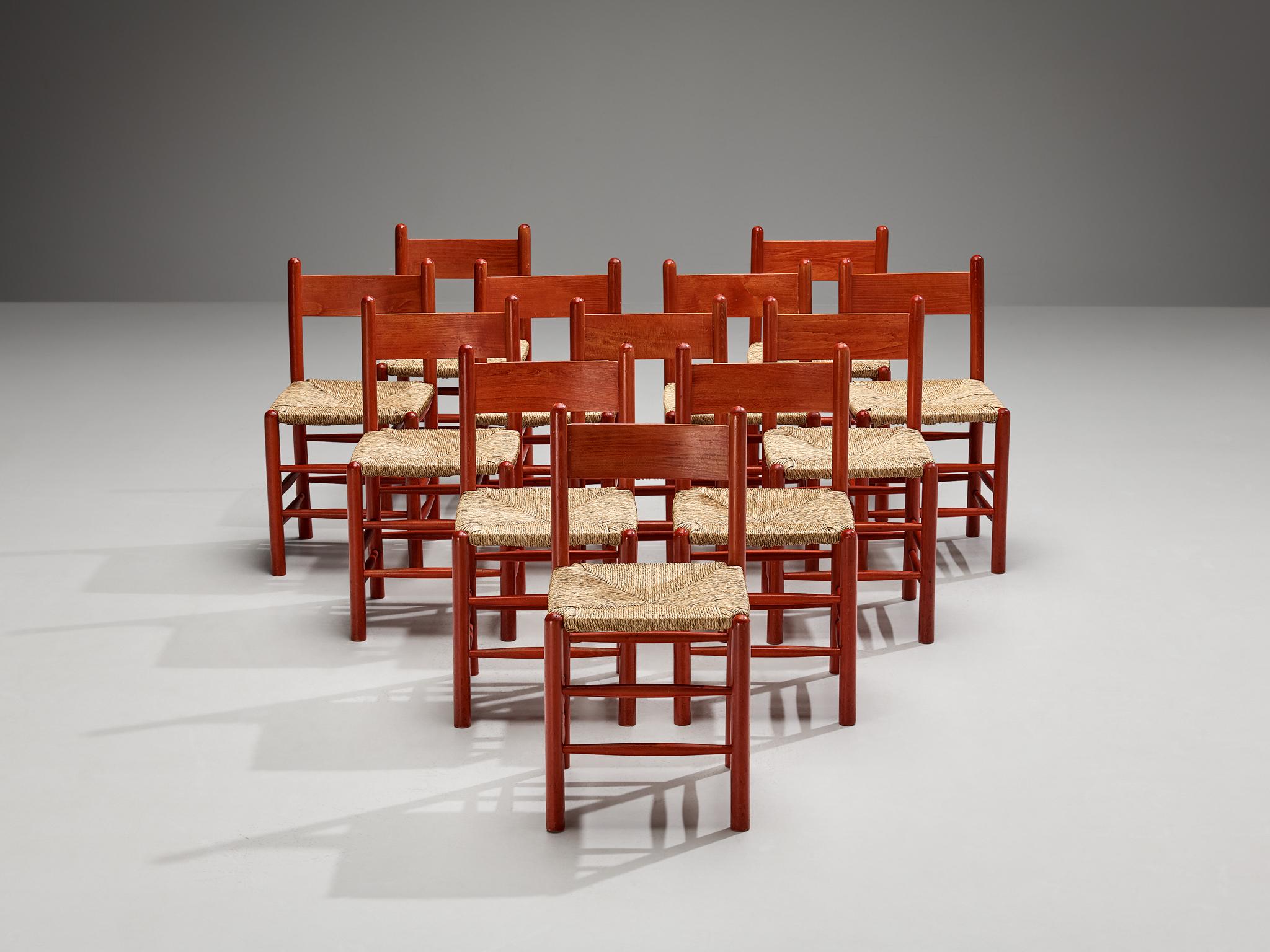Mid-Century Modern Set of Twelve French Dining Chairs with Red Wooden Frame and Straw Seats For Sale