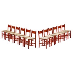 Set of Twelve French Dining Chairs in Red Oak Frame and Straw Seats