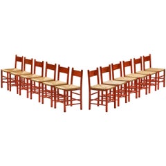 Set of Twelve French Dining Chairs with Red Wooden Frame and Straw Seats