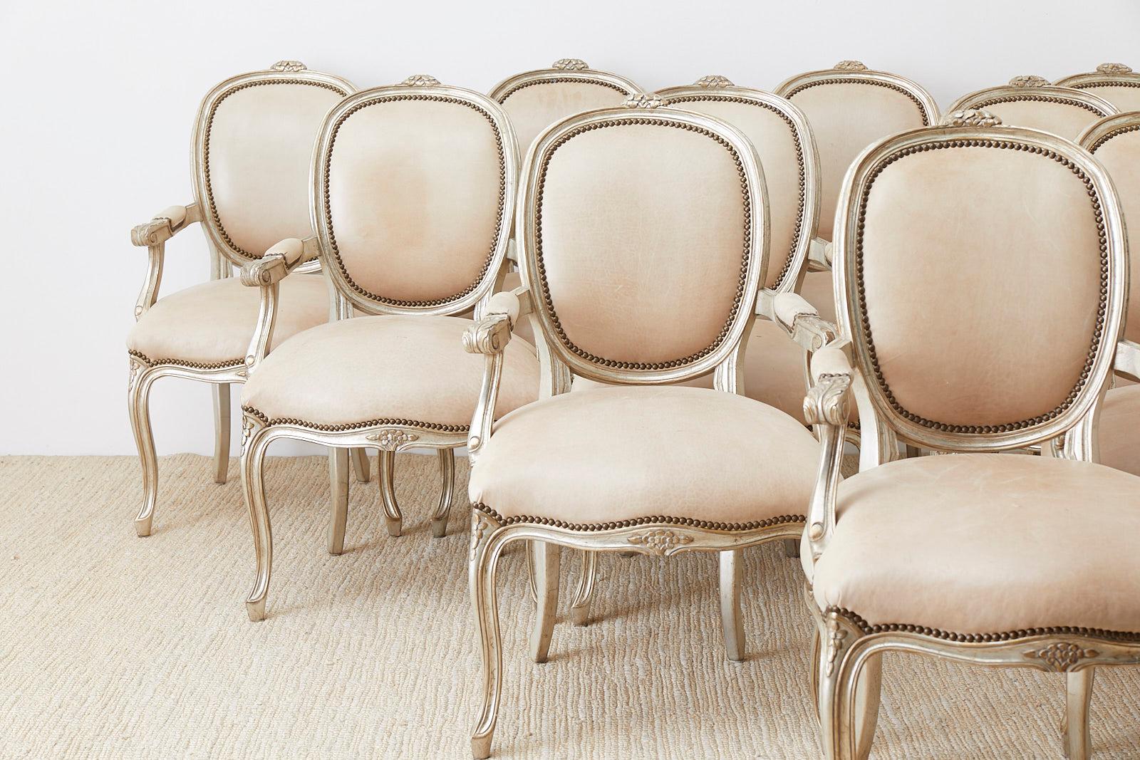Set of Twelve French Louis XV Style Silvered Dining Armchairs In Good Condition In Rio Vista, CA