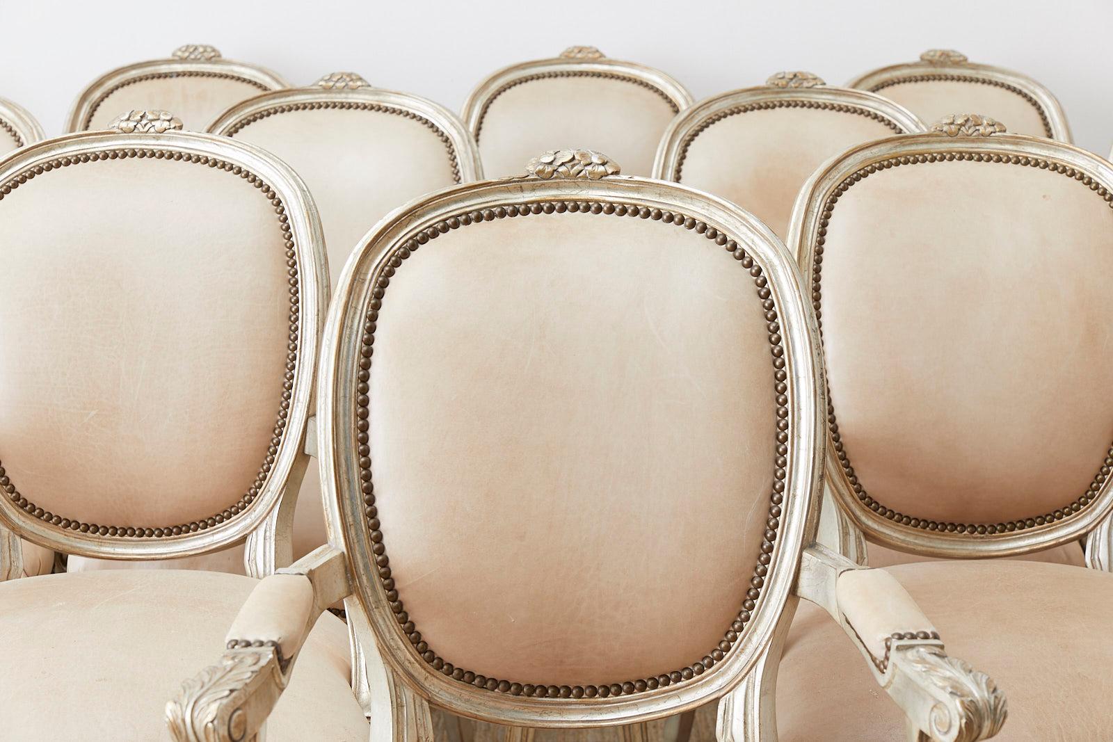 19th Century Set of Twelve French Louis XV Style Silvered Dining Armchairs