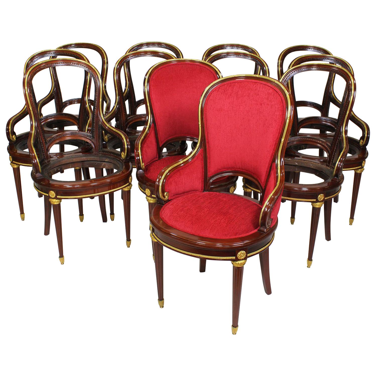 Set of Twelve French Louis XVI Style Ormolu Mounted Dining Chairs