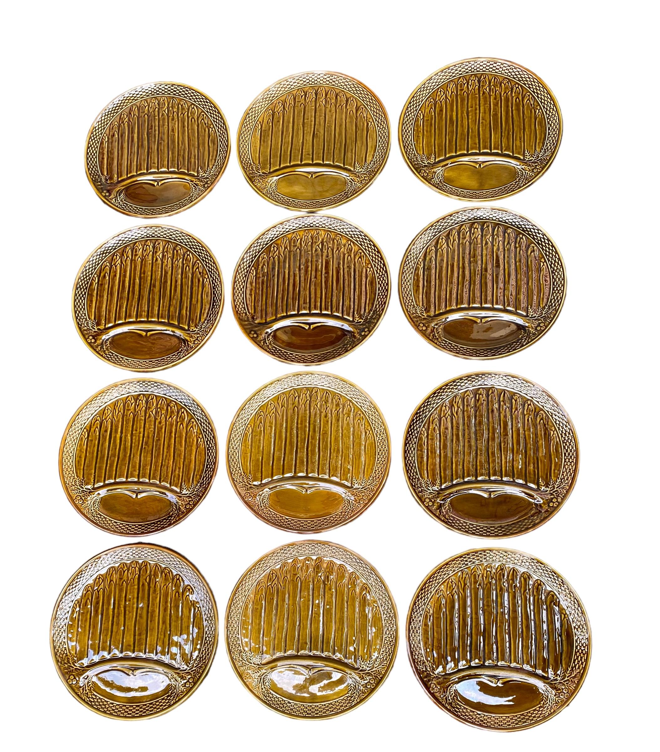 Set of Twelve French Majolica Asparagus Plates, Late 19th C., Relief Decor 12