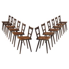 Vintage Set of Twelve French Pastoral Dining Chairs in Stained Wood