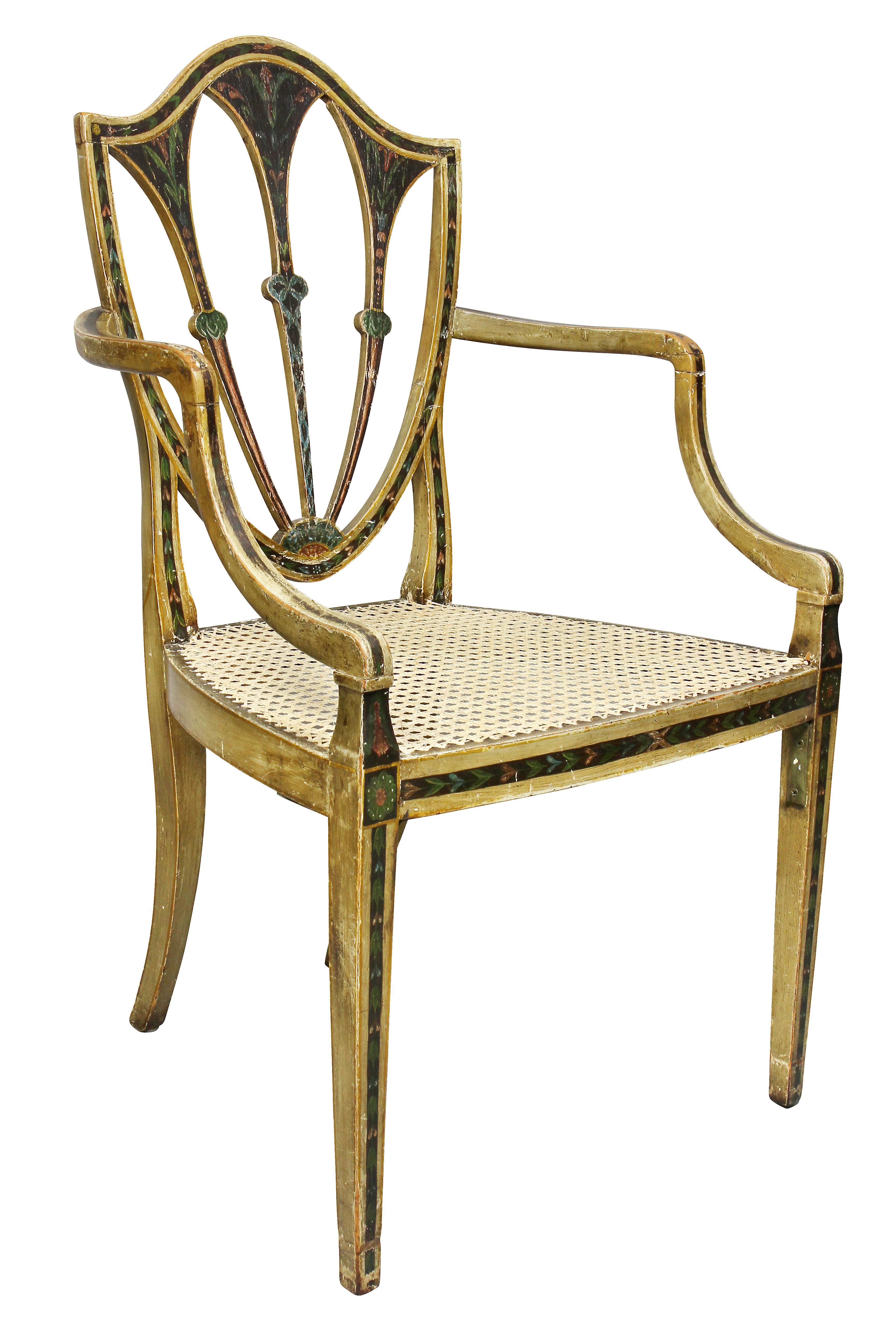 Zwölf Esszimmerstühle mit bemalter Schildrückenlehne aus der Zeit von Georg III (George III.) im Angebot