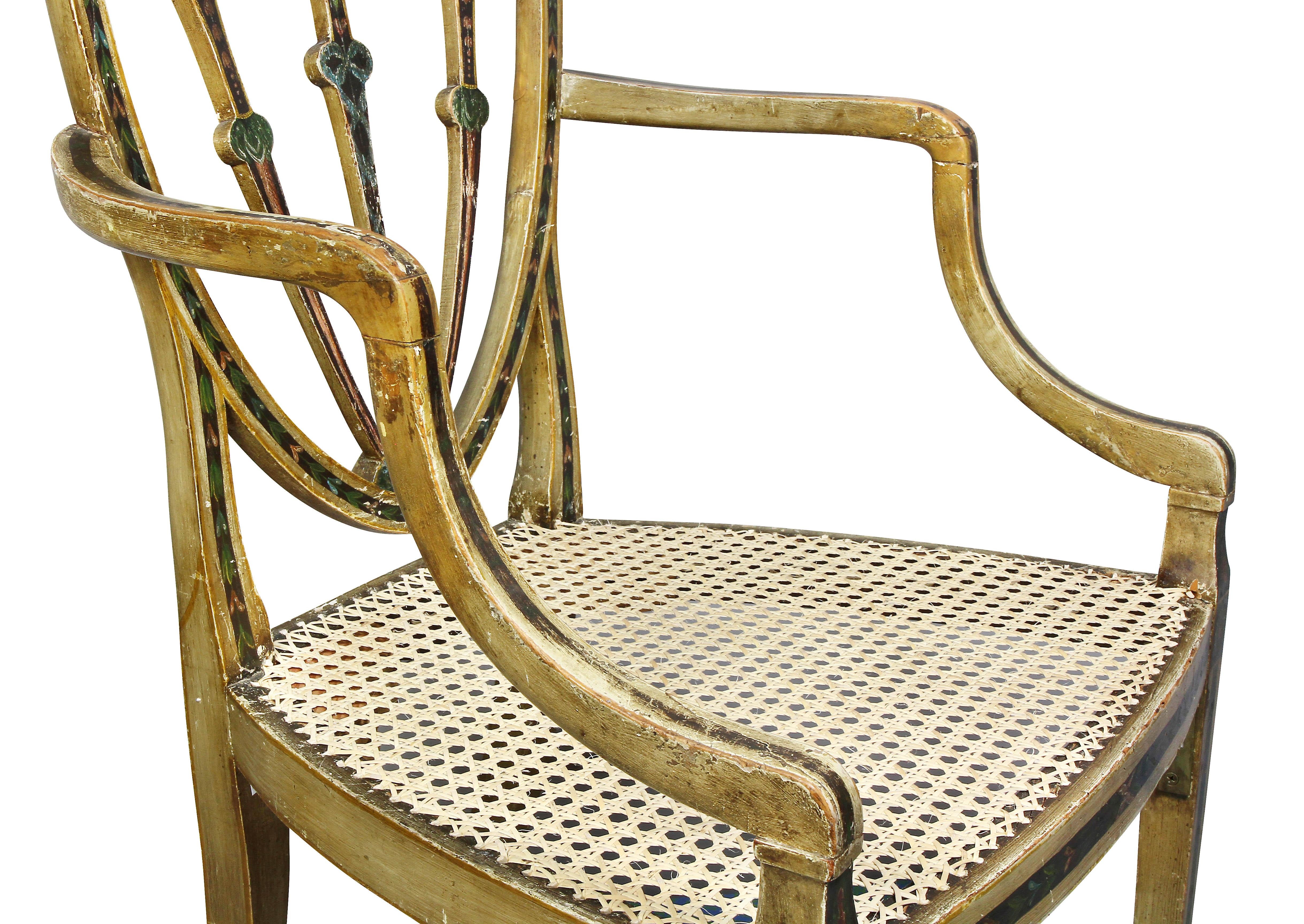 Zwölf Esszimmerstühle mit bemalter Schildrückenlehne aus der Zeit von Georg III (Englisch) im Angebot
