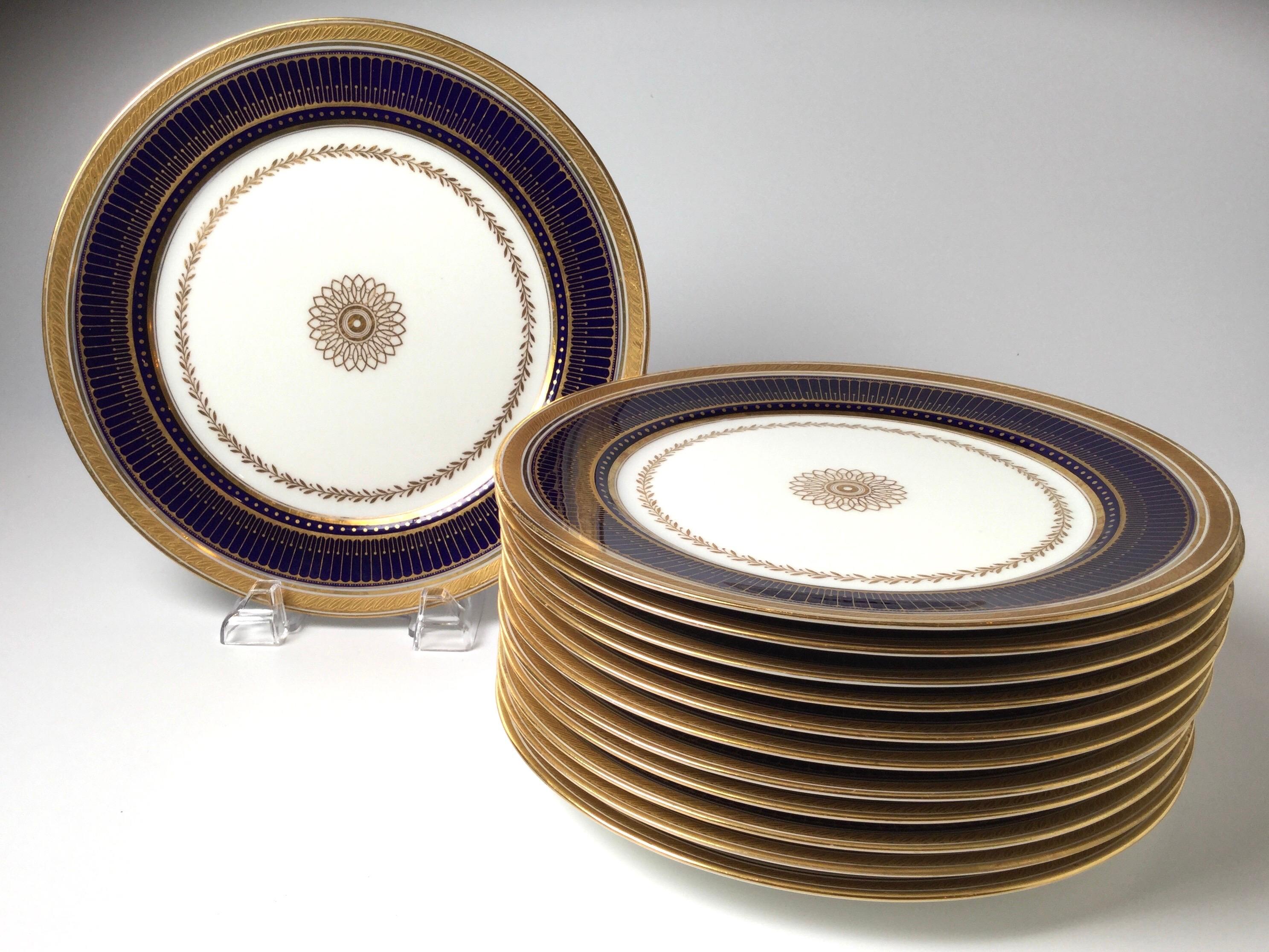 Porcelain Set of Twelve Gold Gilt and Cobalt Service Plates BWM & Co. for Gillman, NYC
