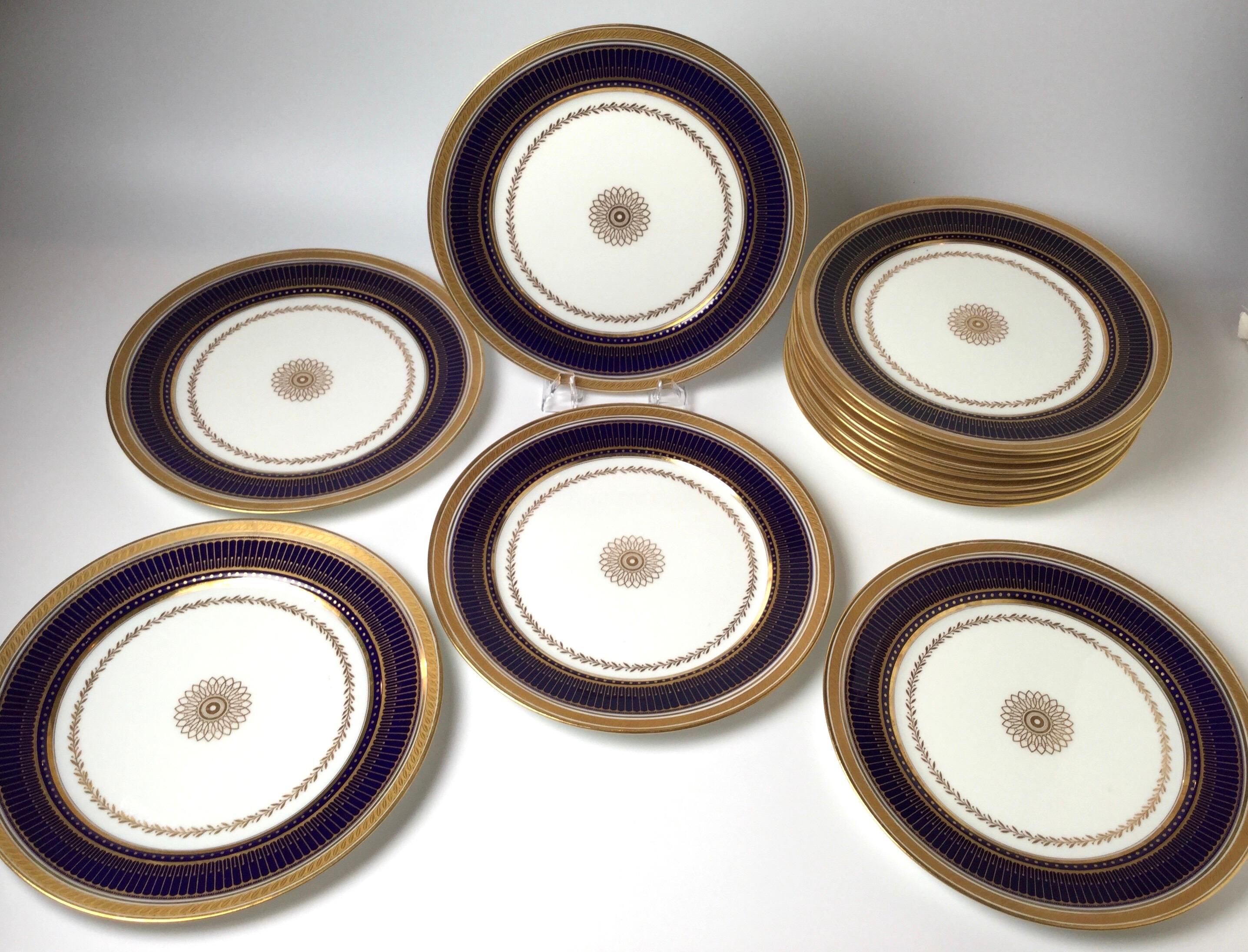 Set of Twelve Gold Gilt and Cobalt Service Plates BWM & Co. for Gillman, NYC 1