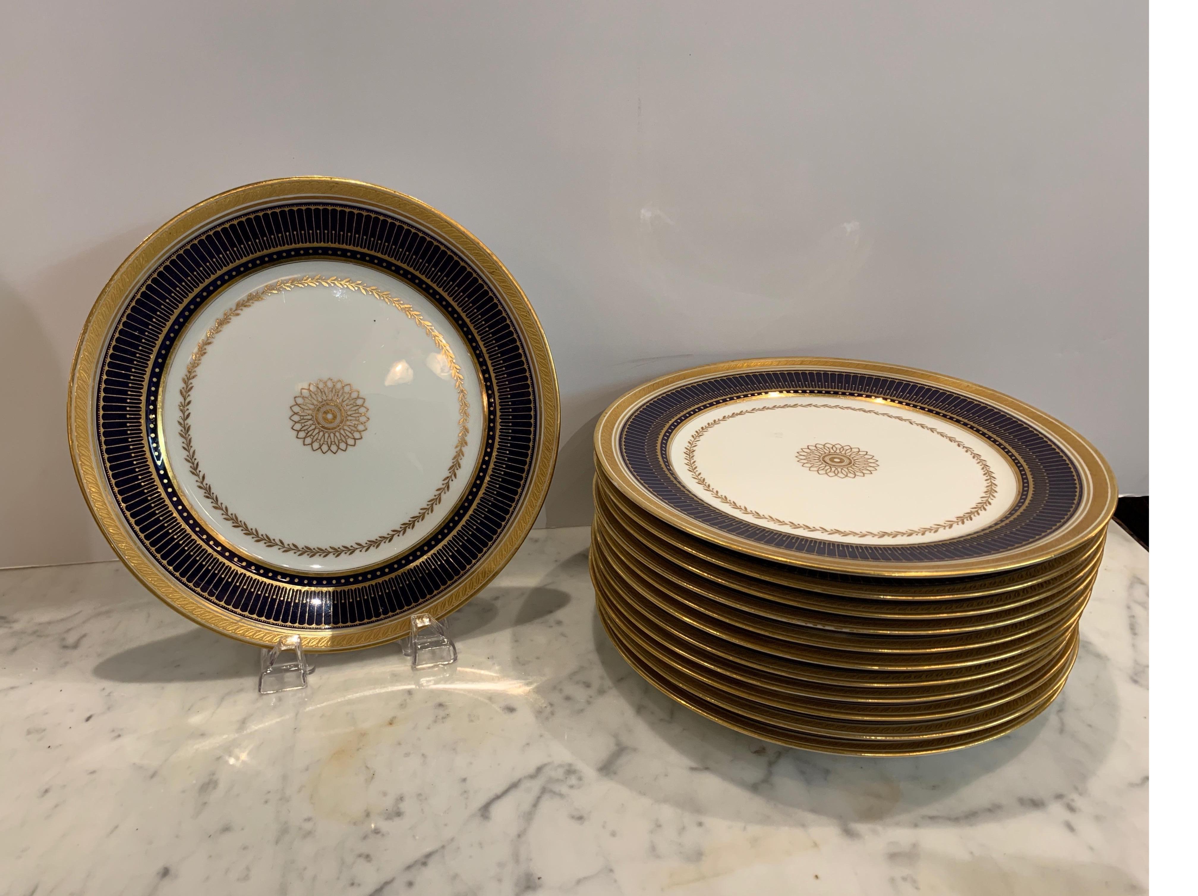 English Set of Twelve Gold Gilt and Cobalt Service Plates BWM & Co. for Gillman, NYC
