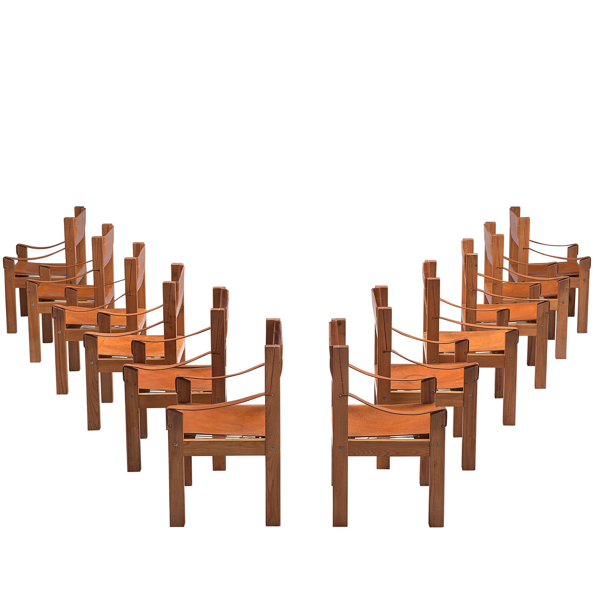 Set of Twelve Pierre Chapo 'S371' Grand Chairs in Cognac Leather