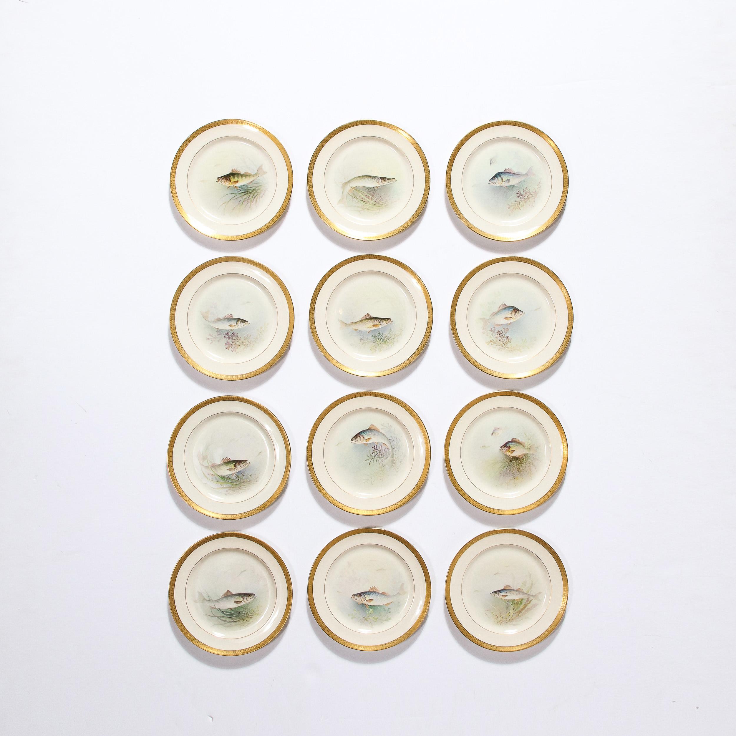 Set of Twelve Hand-Painted Lenox Porcelain Fish Plates signed William Morley  For Sale 3