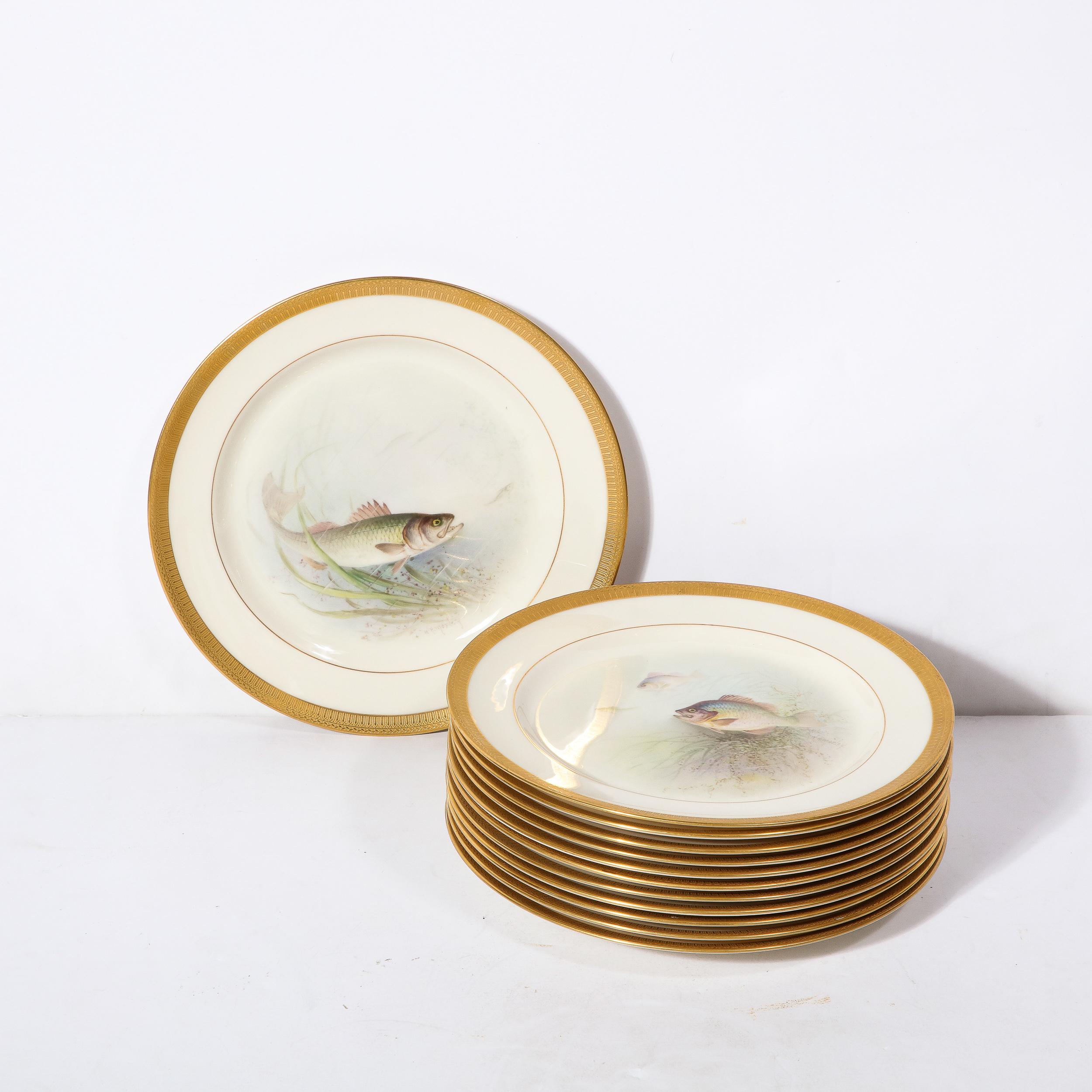 Set of Twelve Hand-Painted Lenox Porcelain Fish Plates signed William Morley  For Sale 10