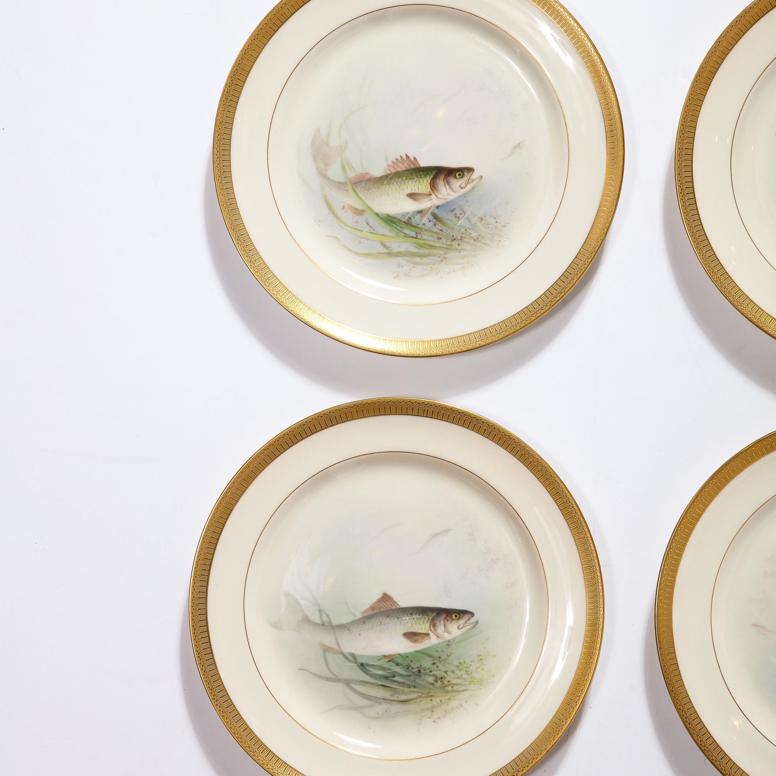 Neoclassical Set of Twelve Hand-Painted Lenox Porcelain Fish Plates signed William Morley  For Sale