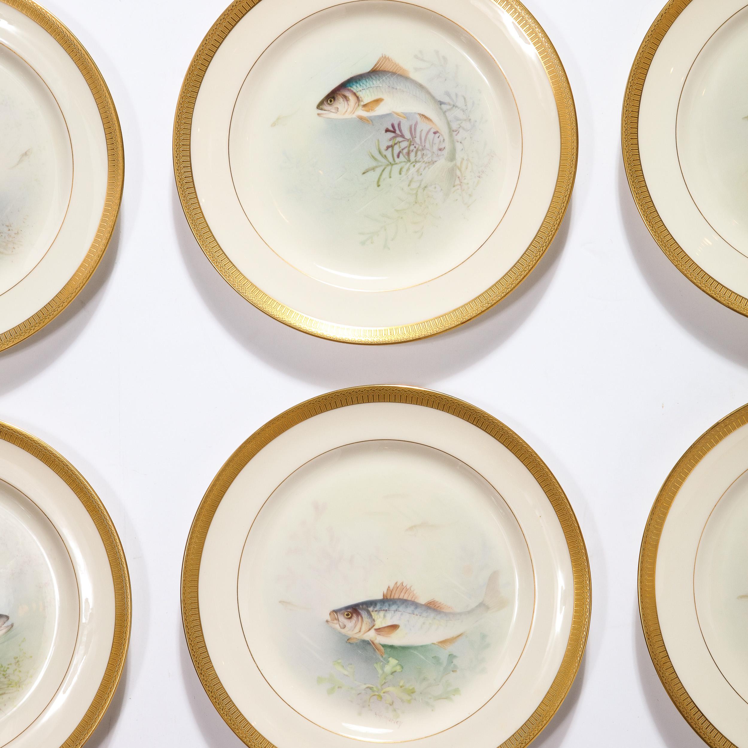 American Set of Twelve Hand-Painted Lenox Porcelain Fish Plates signed William Morley  For Sale