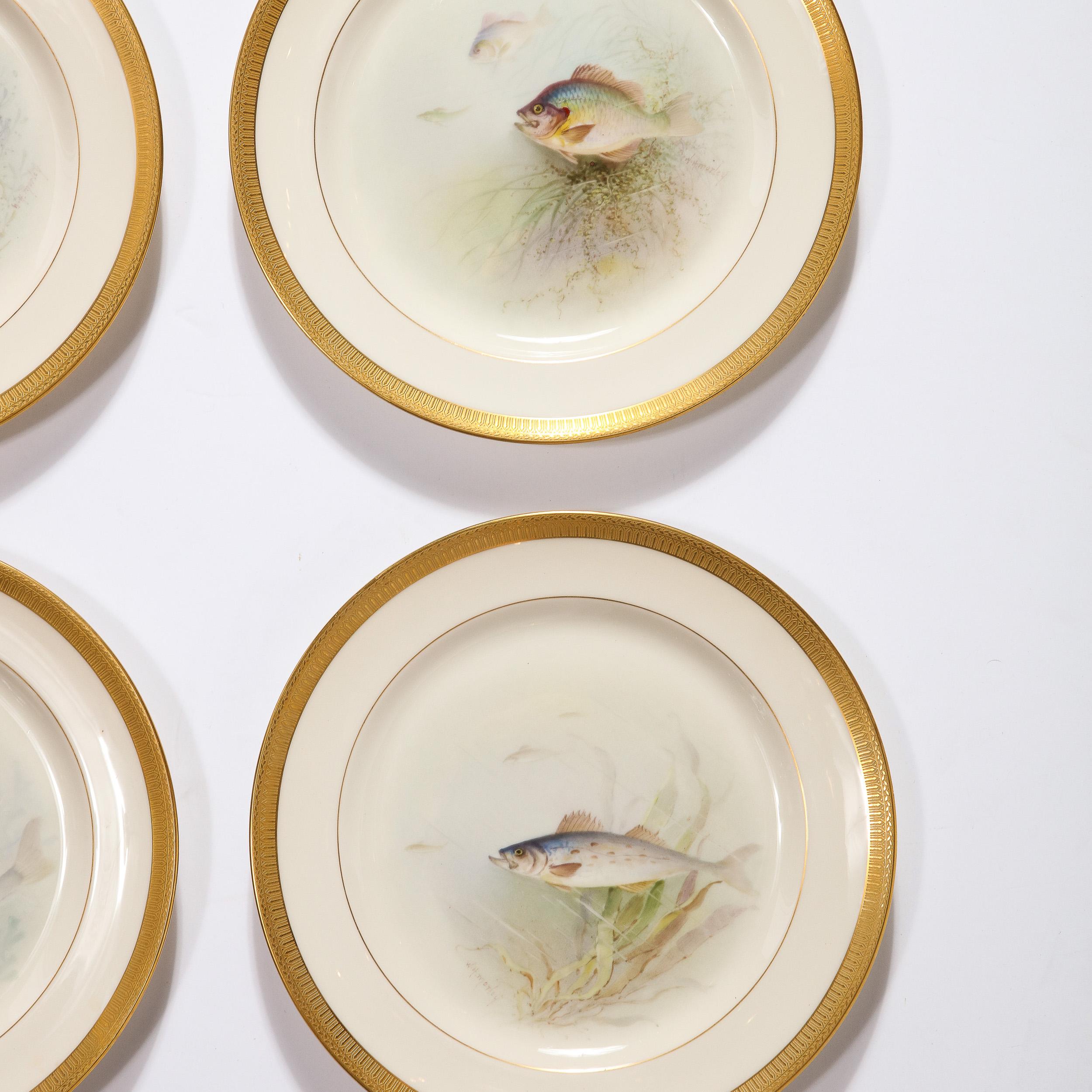 Gilt Set of Twelve Hand-Painted Lenox Porcelain Fish Plates signed William Morley  For Sale