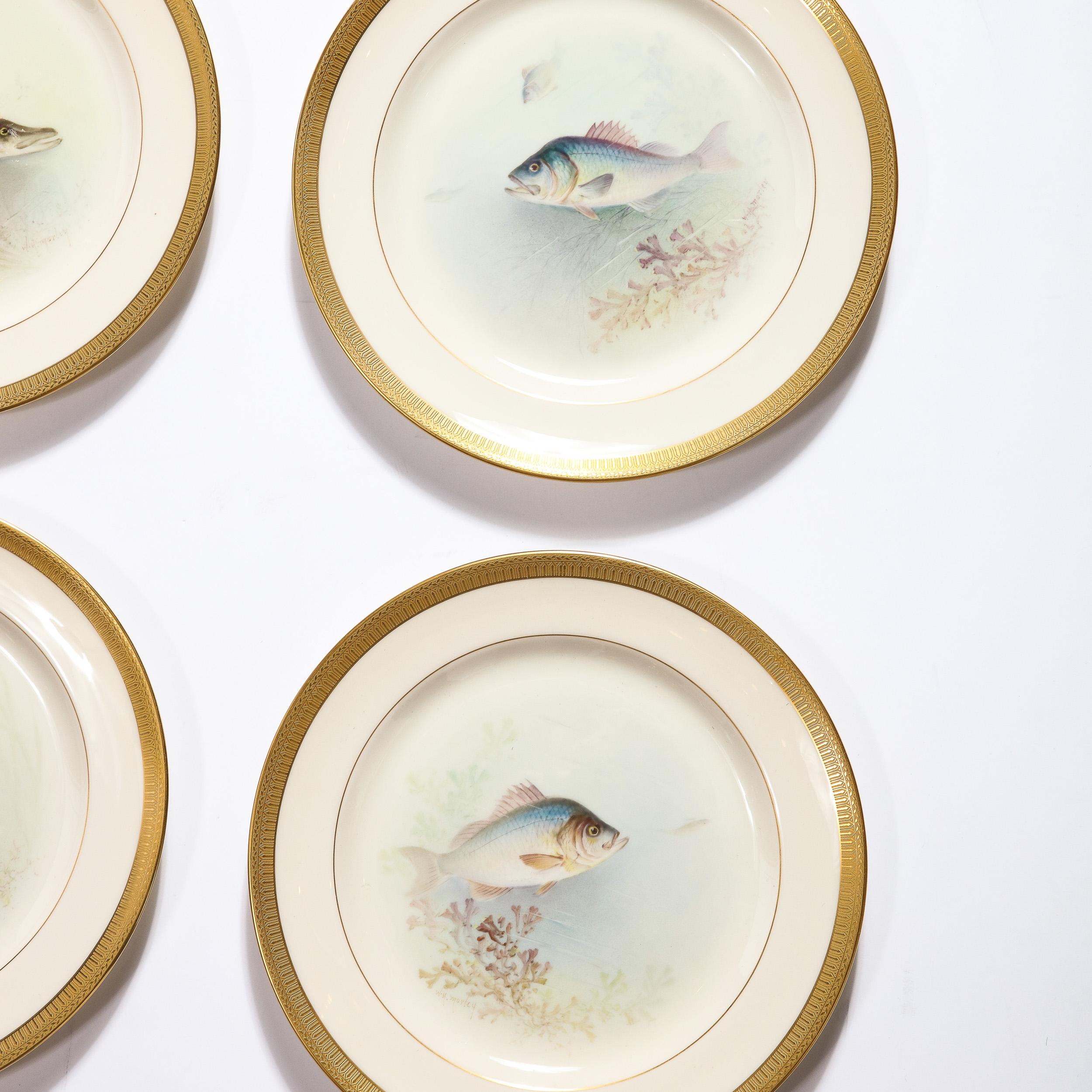 Set of Twelve Hand-Painted Lenox Porcelain Fish Plates signed William Morley  In Excellent Condition For Sale In New York, NY