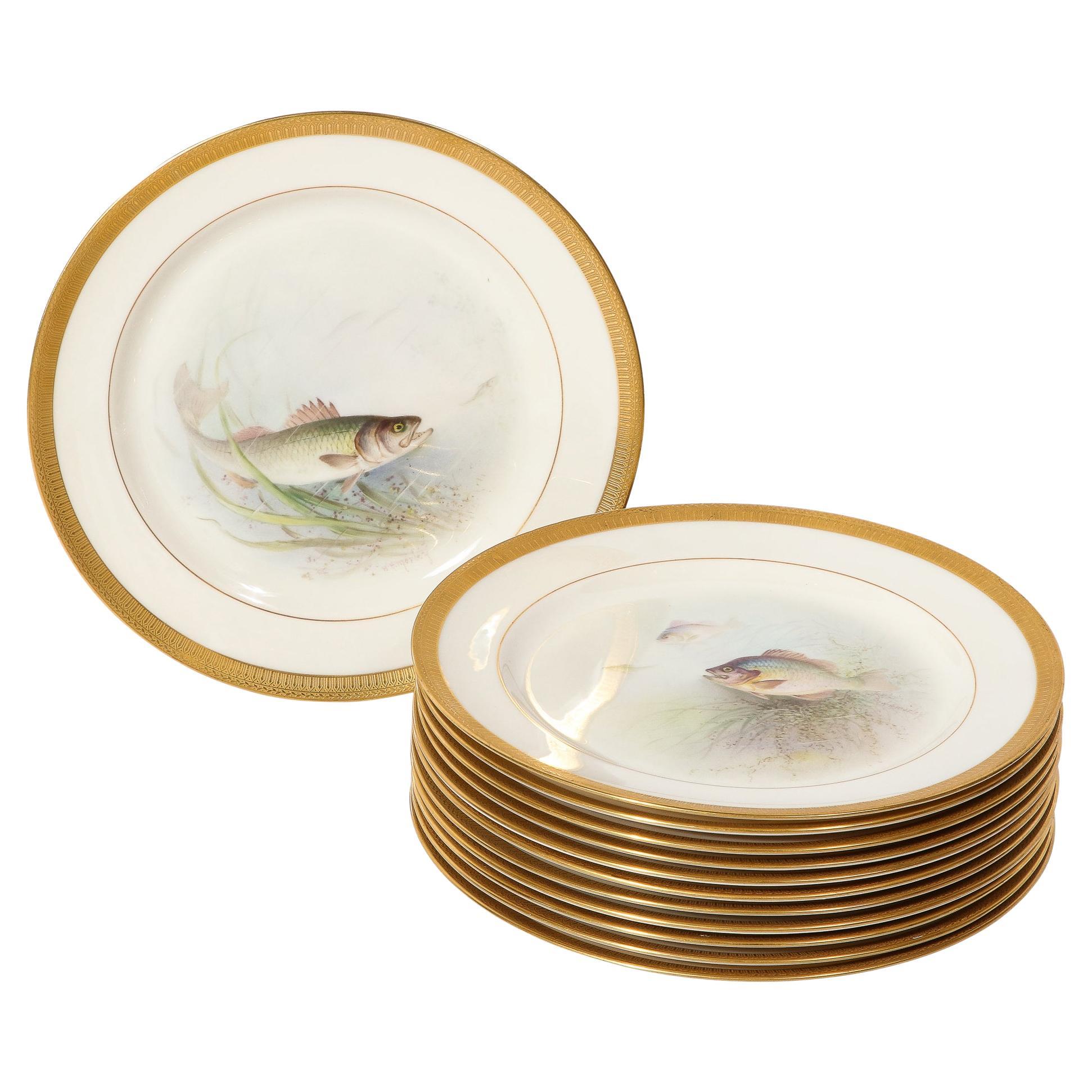 Set of Twelve Hand-Painted Lenox Porcelain Fish Plates signed William Morley  For Sale