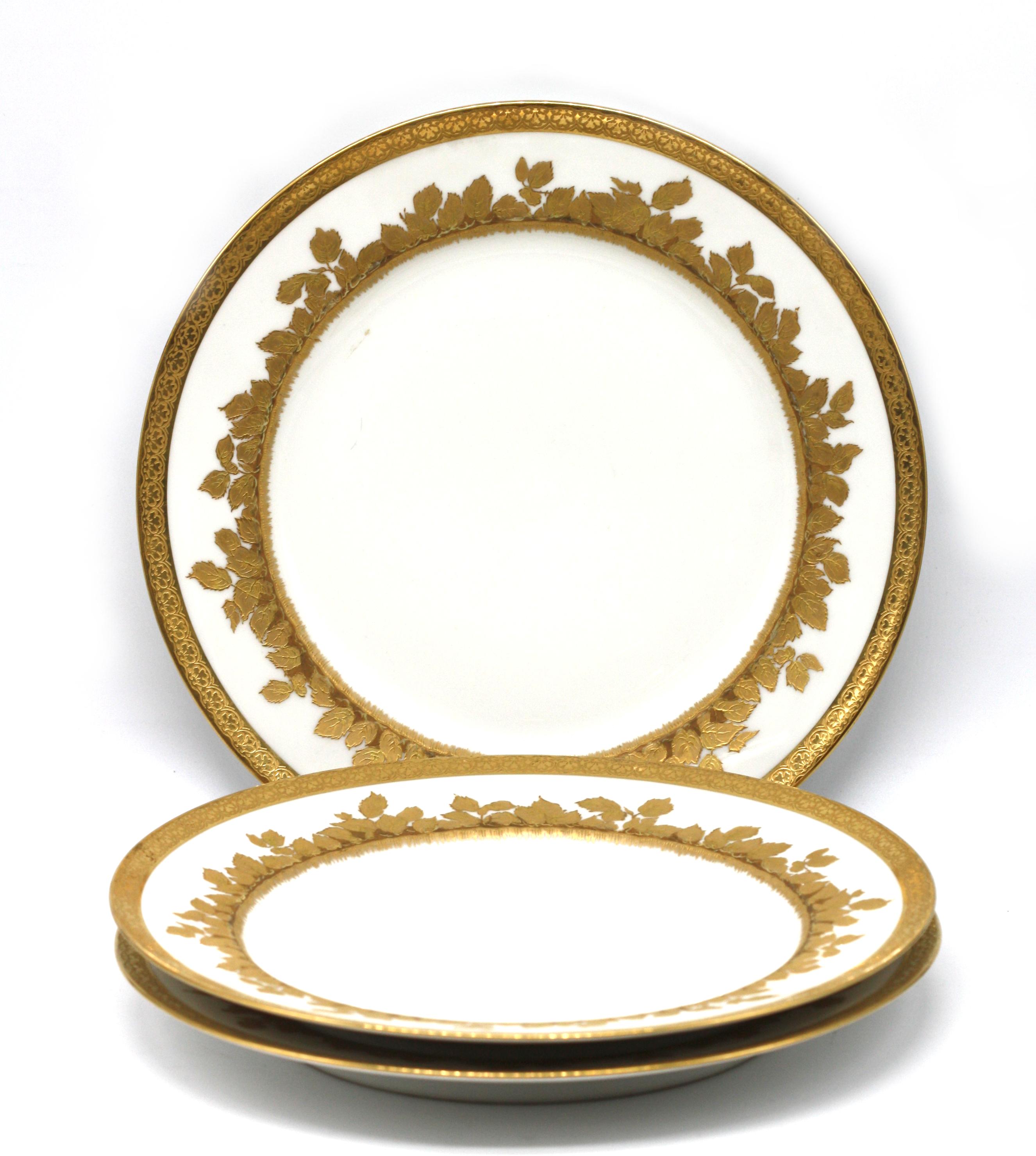 
Set of Twelve Haviland Limoges Gilt Decorated Porcelain Dinner Plates
The underside marked, Haviland, France, retailed S. & G. Gump. Circular with a plain recess and a gilt textured wide border, (one plate with a rim chip).
Diameter 10.25 in.