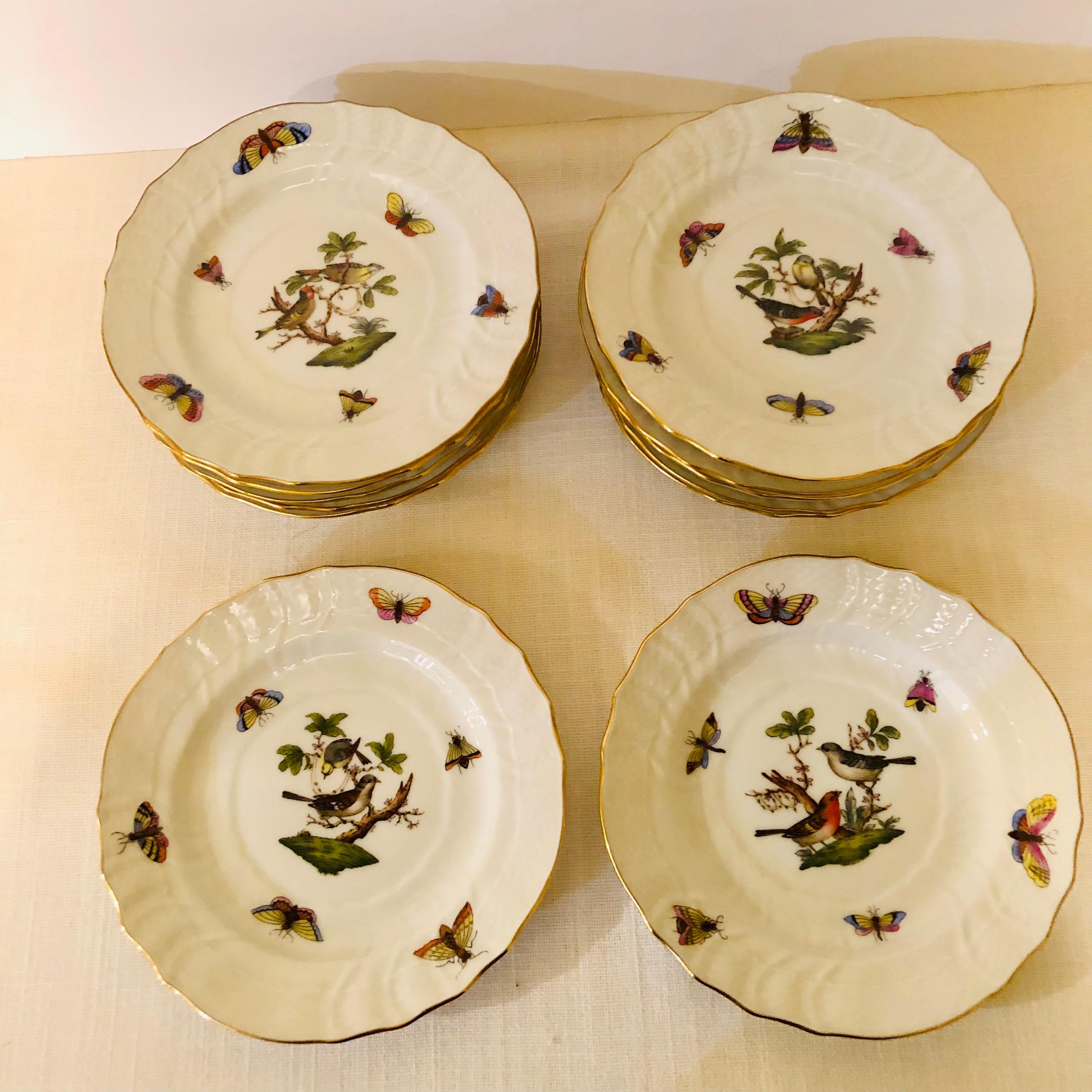 Romantic Set of Twelve Herend Rothschild Bird Hand Painted Bread or Appetizer Plates