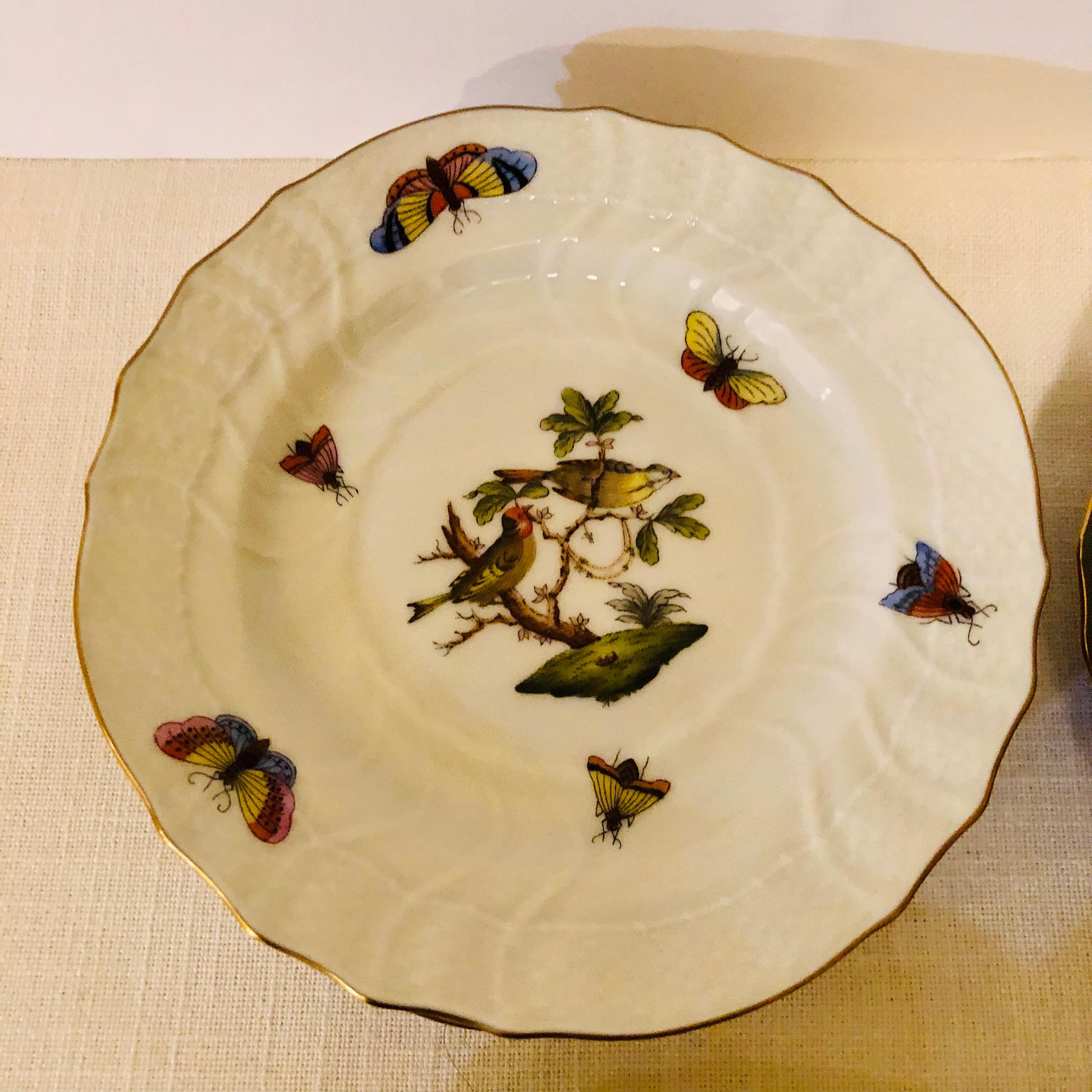 Hungarian Set of Twelve Herend Rothschild Bird Hand Painted Bread or Appetizer Plates