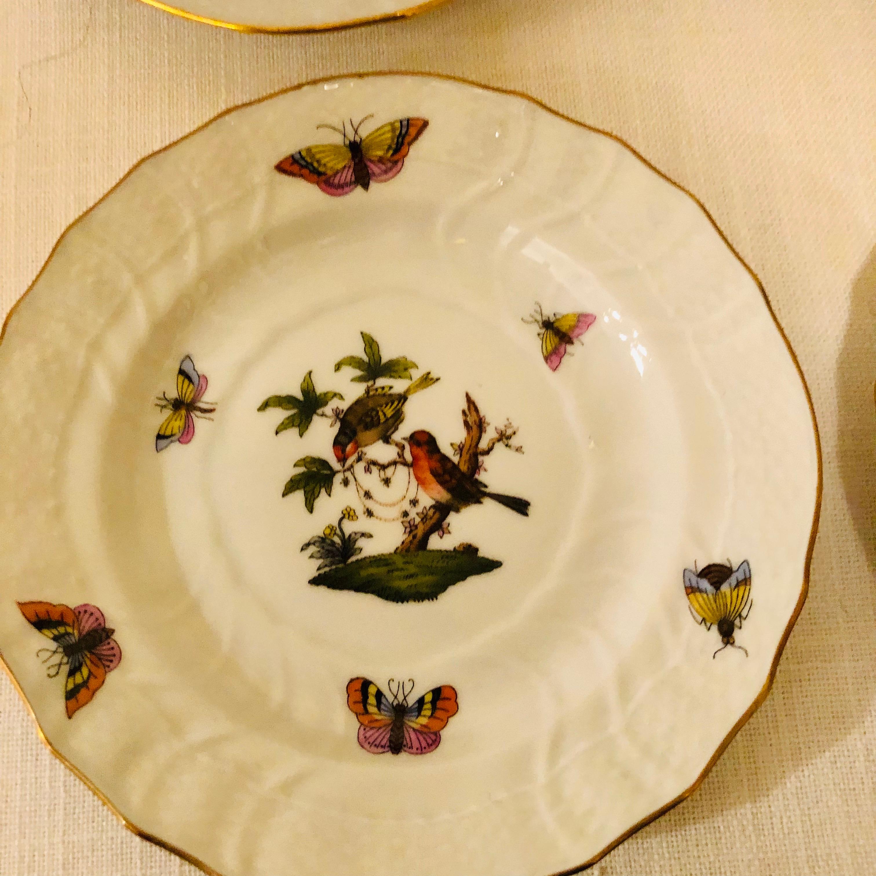 Porcelain Set of Twelve Herend Rothschild Bird Hand Painted Bread or Appetizer Plates