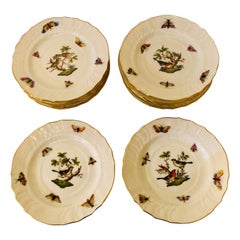 Set of Twelve Herend Rothschild Bird Hand Painted Bread or Appetizer Plates