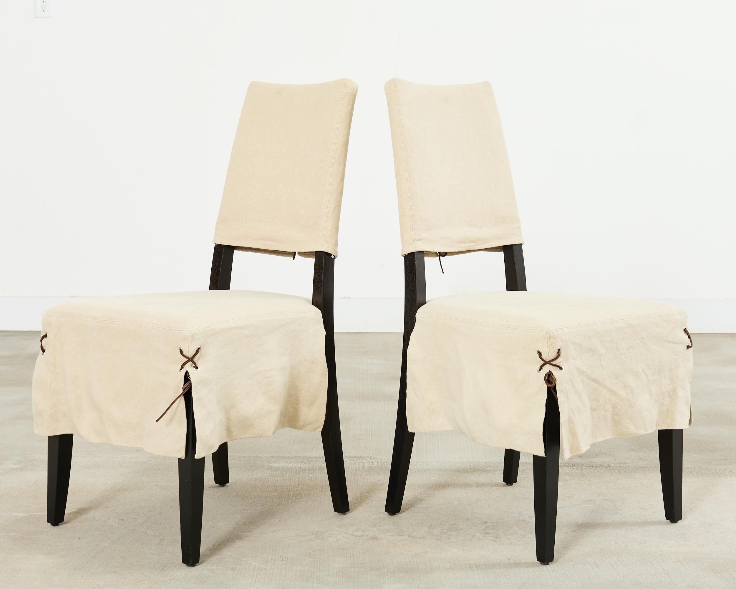 Leather Set of Twelve Holly Hunt Attributed Slipcover Dining Chairs For Sale