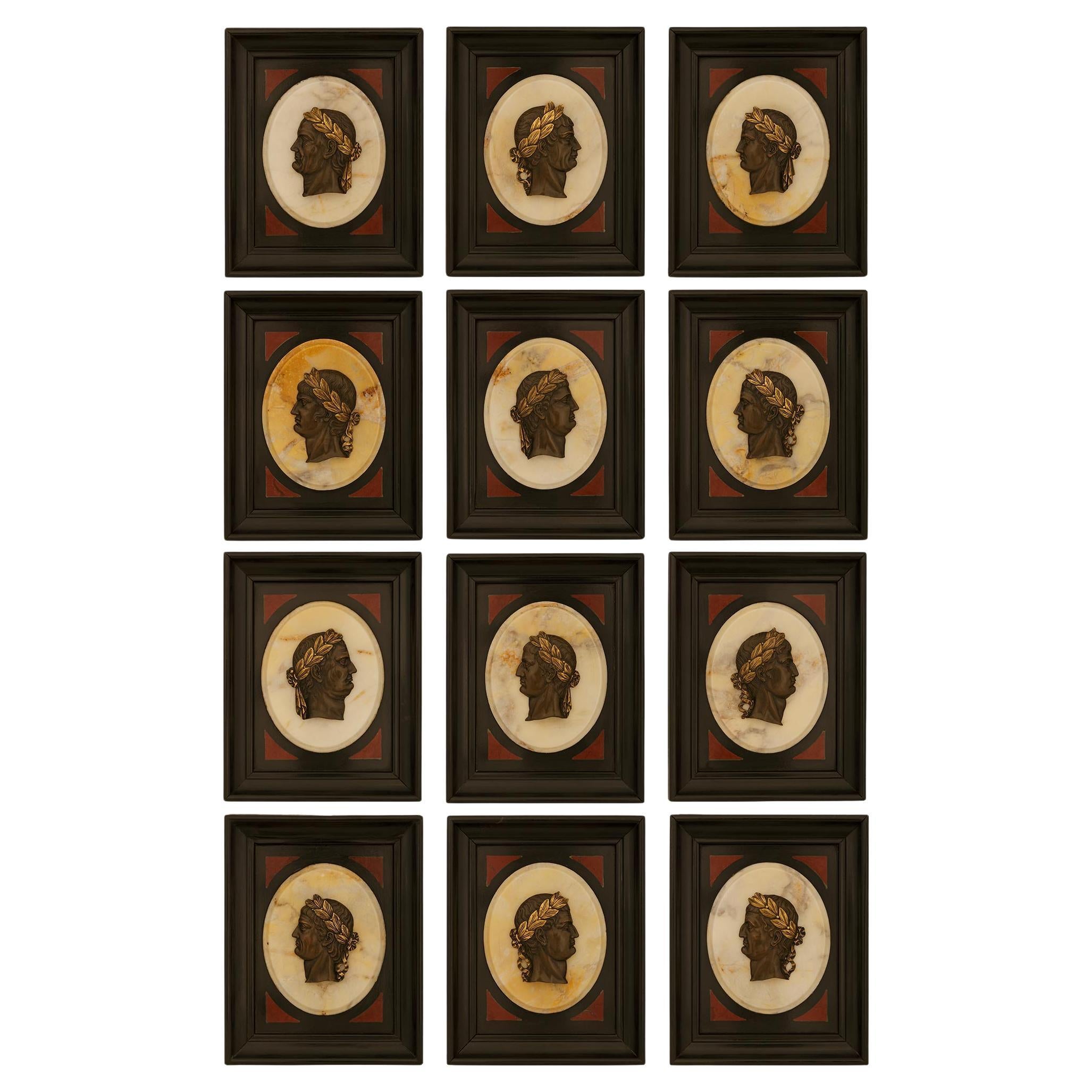 Set of twelve Italian 19th century Marble, Ormolu and patinated bronze plaques For Sale