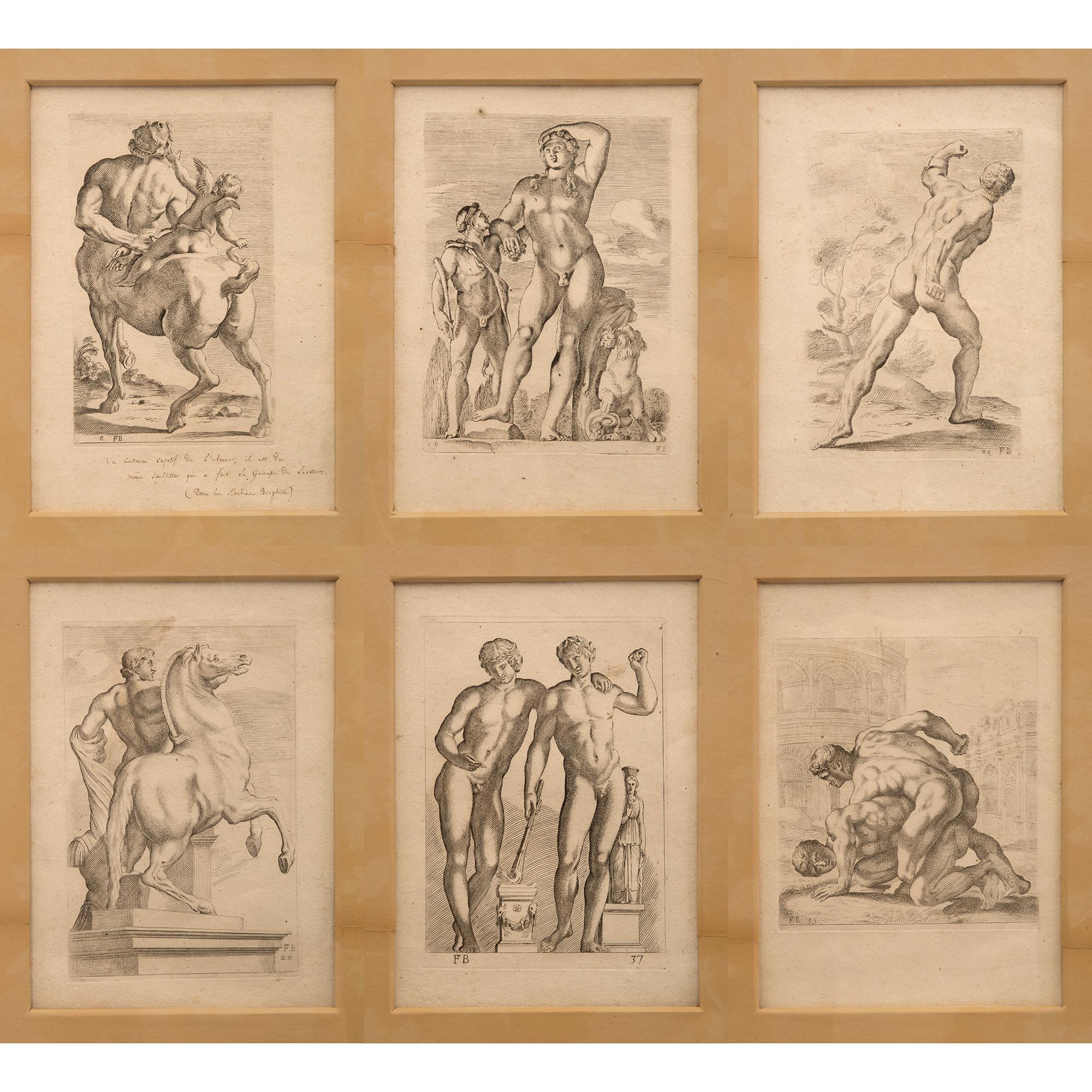 Neoclassico Set di dodici stampe neoclassiche italiane del XIX secolo incastonate in una cornice di legno dorato in vendita