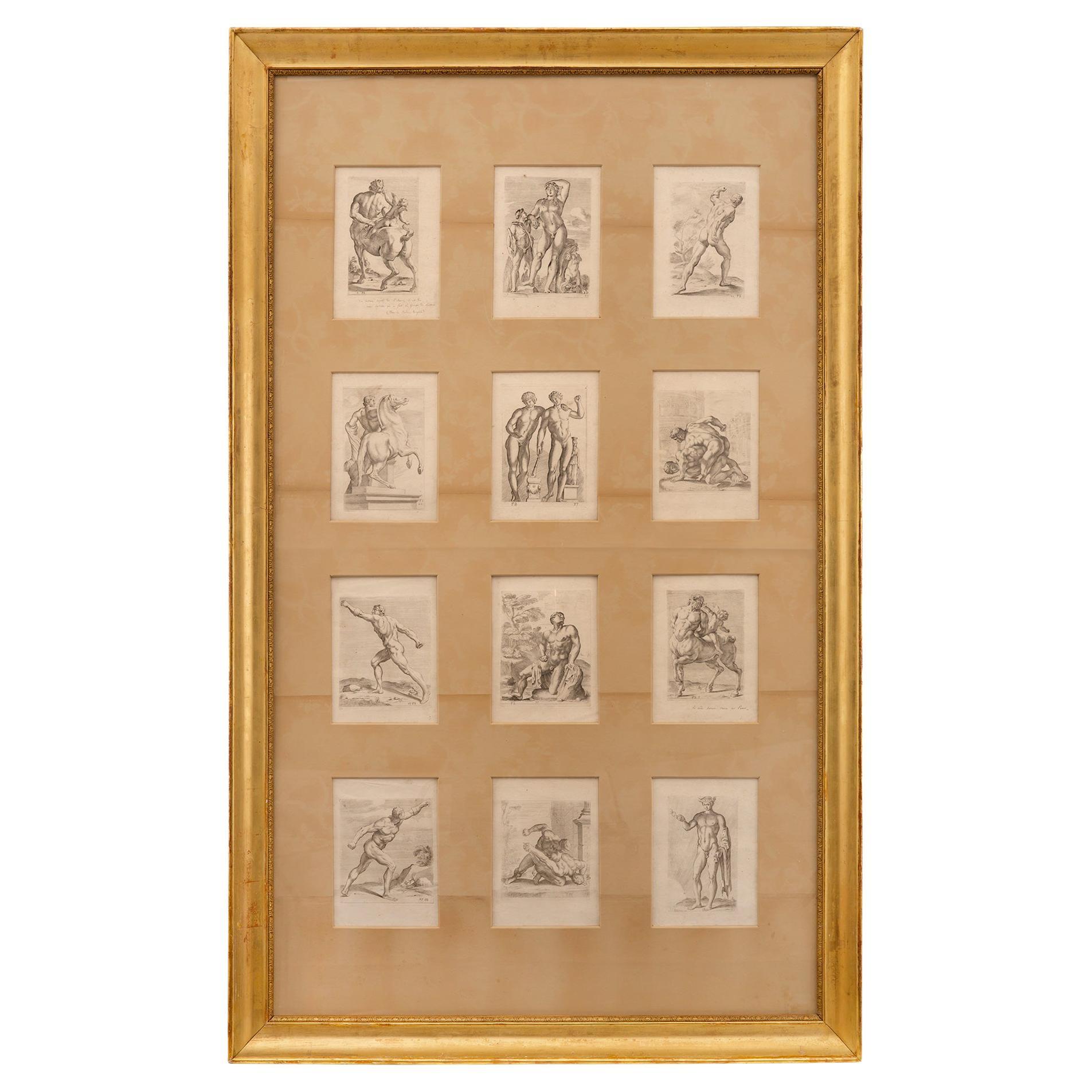 Set of Twelve Italian 19th Century Neoclassical Prints Set in a Giltwood Frame For Sale