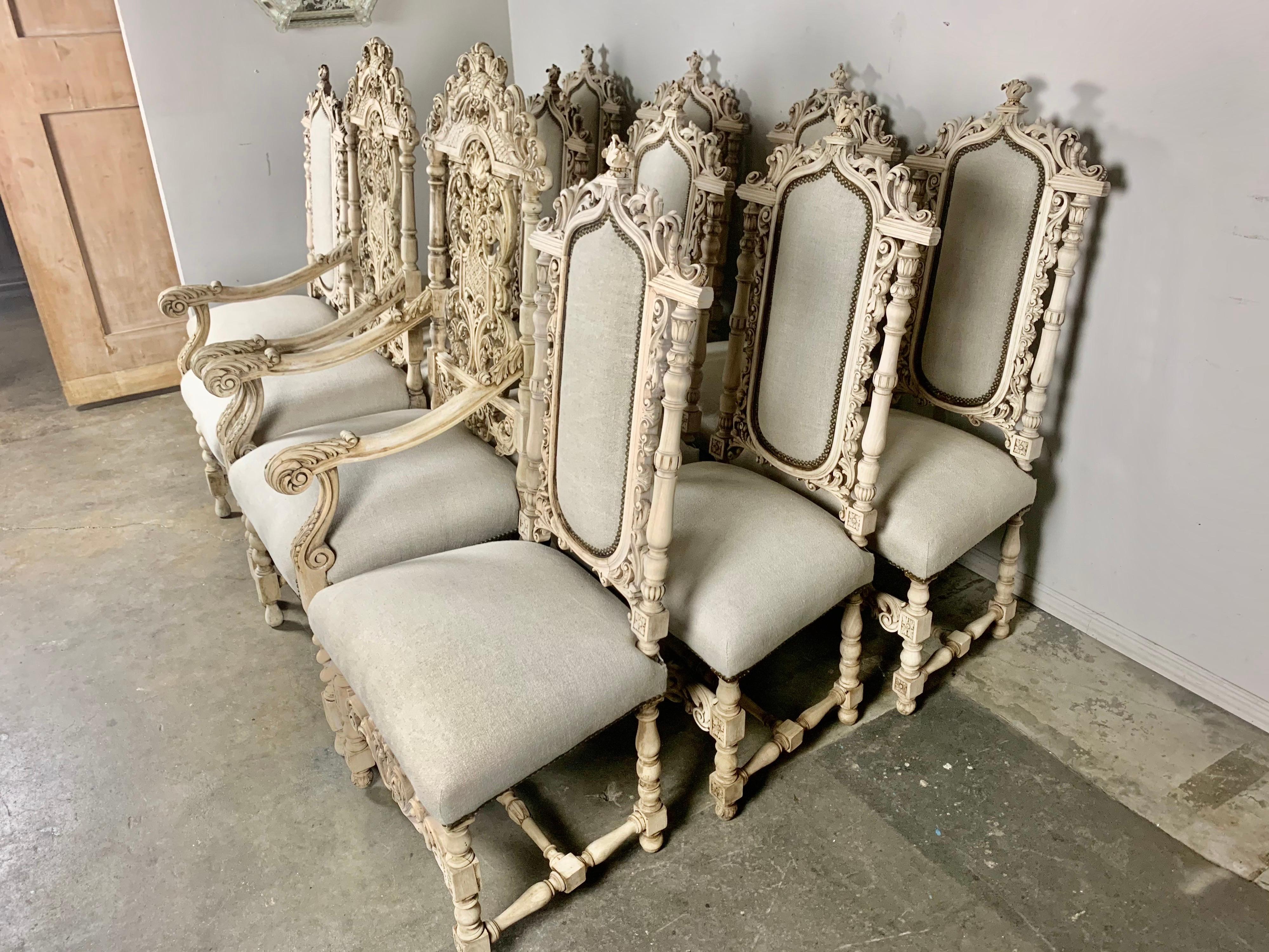 Bleached Set of Twelve Italian Carved Rococo Style Dining Chairs