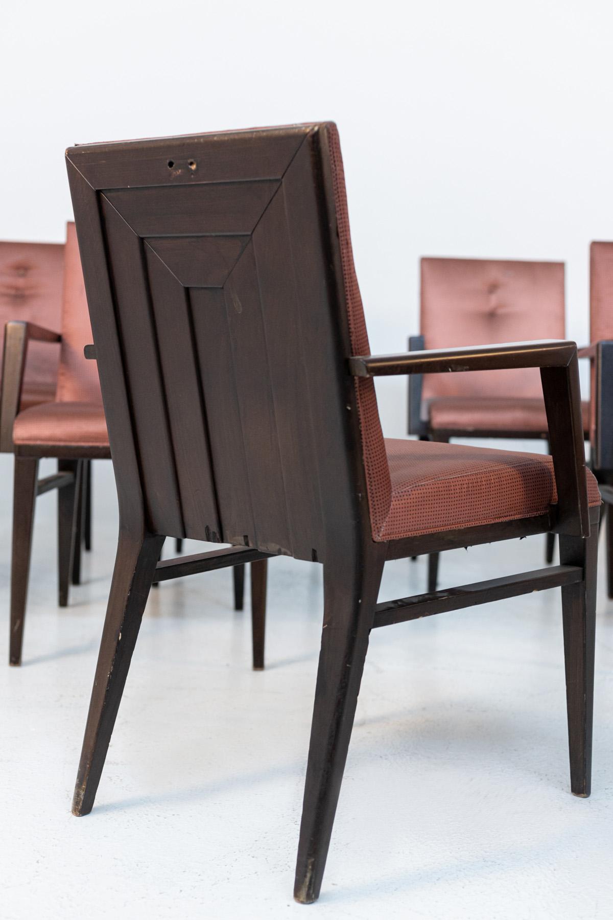 Set of Twelve Italian Chairs for Naval Furnishings in Wood and Pink Satin For Sale 13