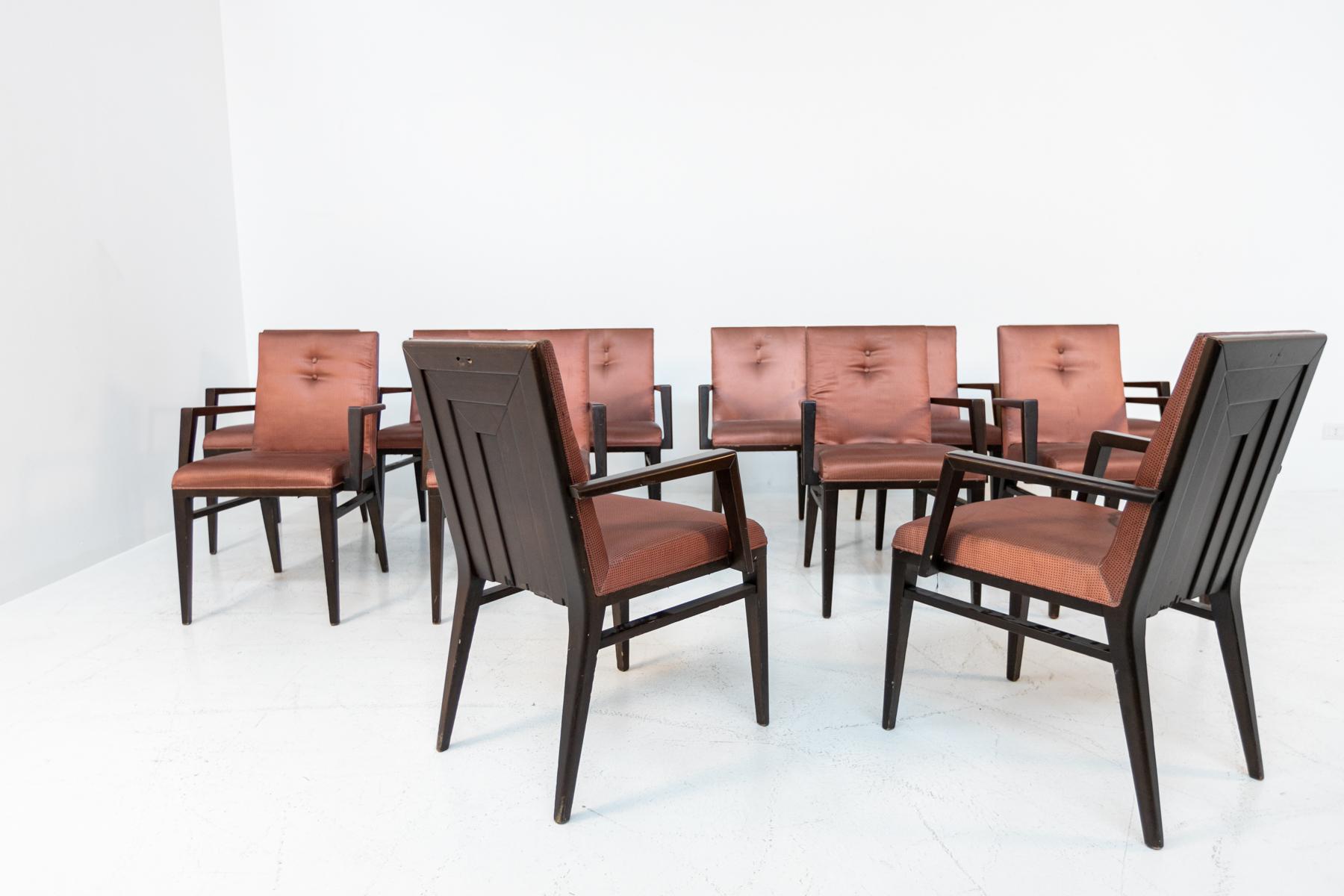 Set of Twelve Italian Chairs for Naval Furnishings in Wood and Pink Satin In Good Condition For Sale In Milano, IT