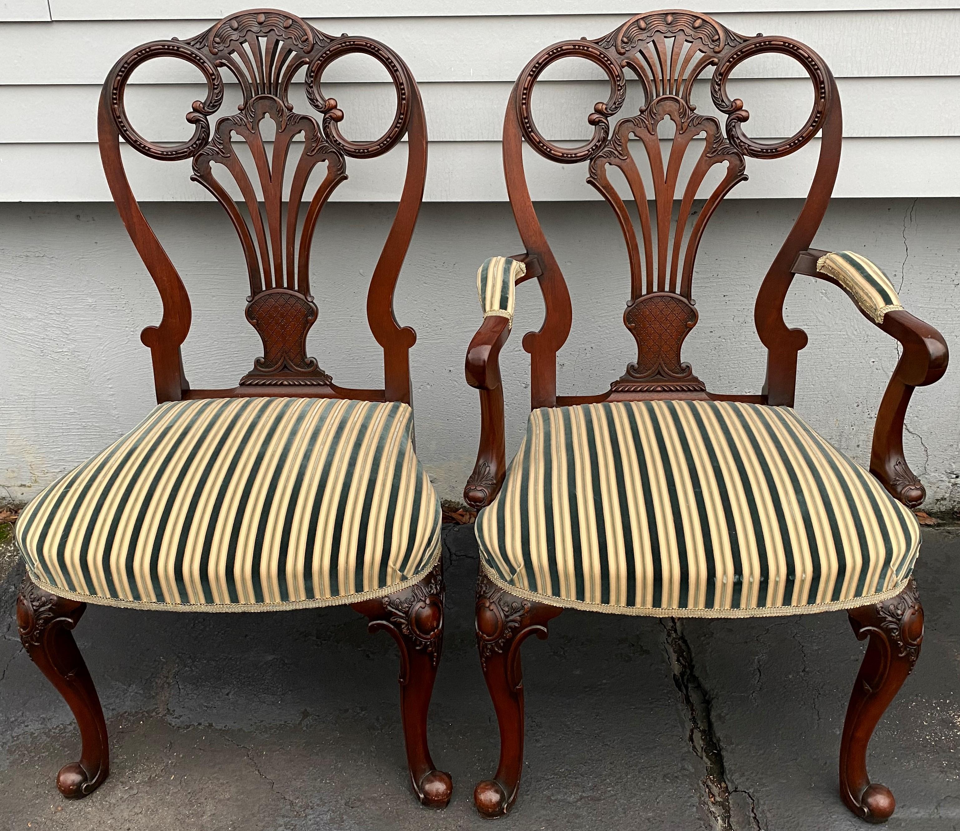 Hand-Crafted Set of Twelve Italian Custom Mahogany Queen Anne Style Upholstered Dining Chairs