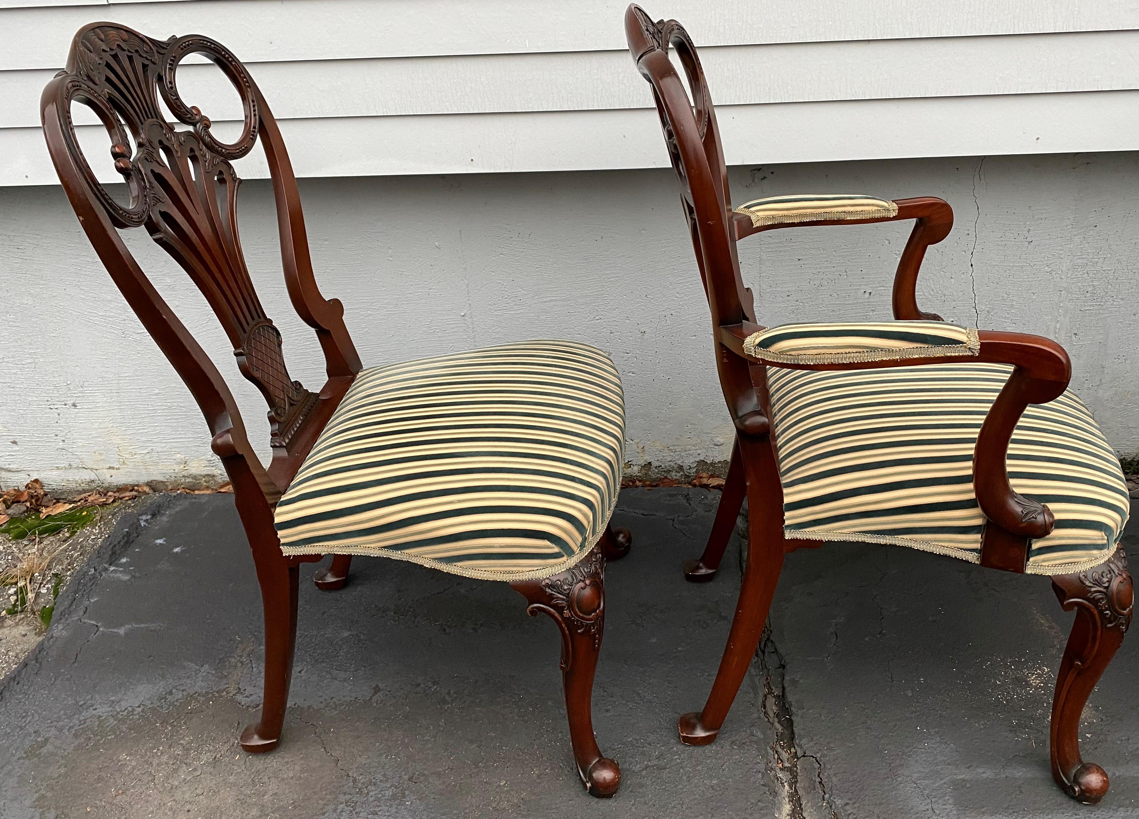 Set of Twelve Italian Custom Mahogany Queen Anne Style Upholstered Dining Chairs In Good Condition In Milford, NH