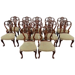 Set of Twelve Italian Custom Mahogany Queen Anne Style Upholstered Dining Chairs