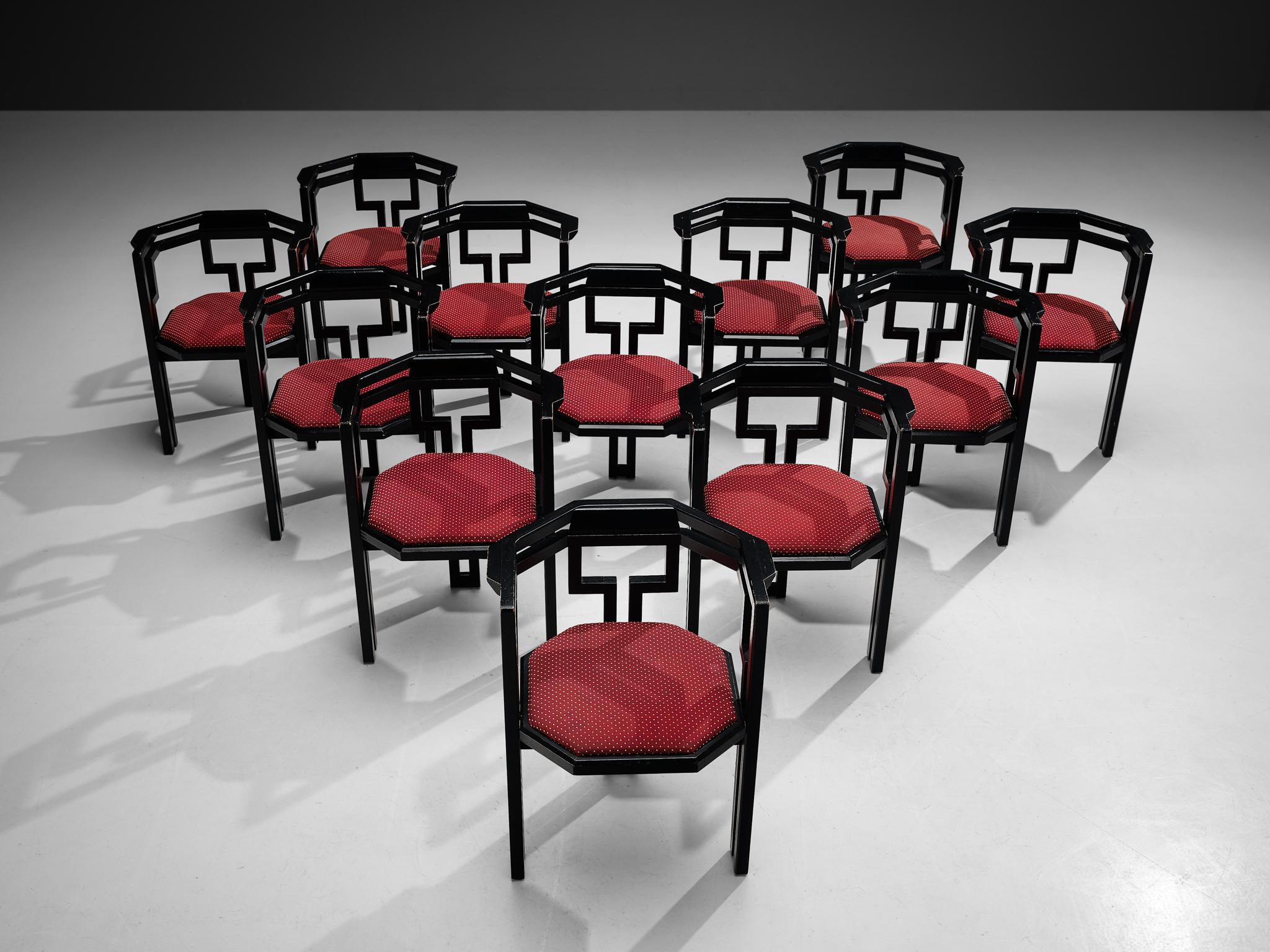 Set of twelve dining chairs, black lacquered oak, fabric, Italy, 1970s.

Outstanding set of twelve geometric Italian dining chairs. These chairs combine a sculptural design that is simple, but very strong in lines and proportions with a luxurious