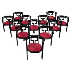 Set of Twelve Italian Dining Chairs in Oak and Vibrant Red Upholstery 
