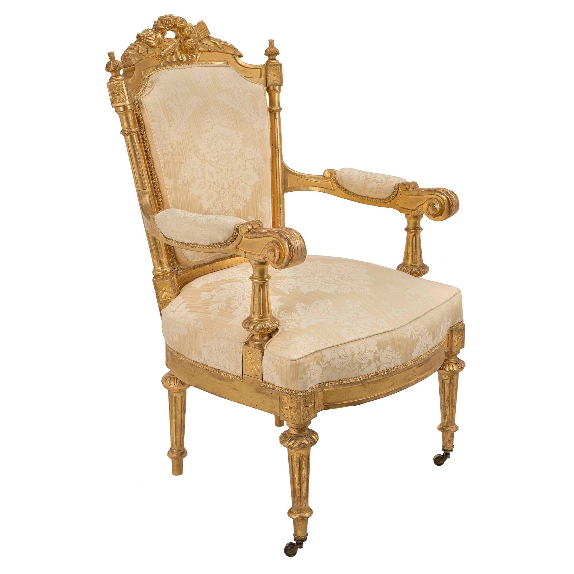 Set of Twelve Italian Early 19th Century Louis XVI Style Giltwood Dining Chairs In Good Condition For Sale In West Palm Beach, FL