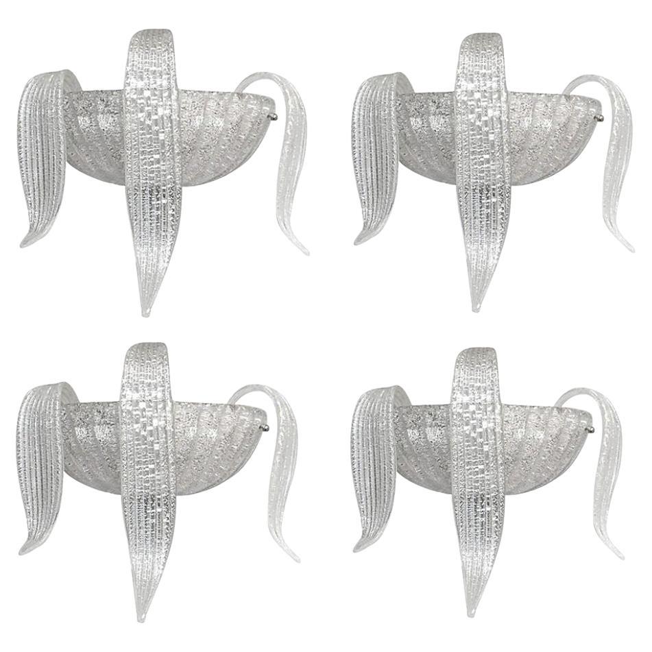 Set of Four Italian Sconces w/ Clear Murano Glass Designed by Barovier e Toso For Sale