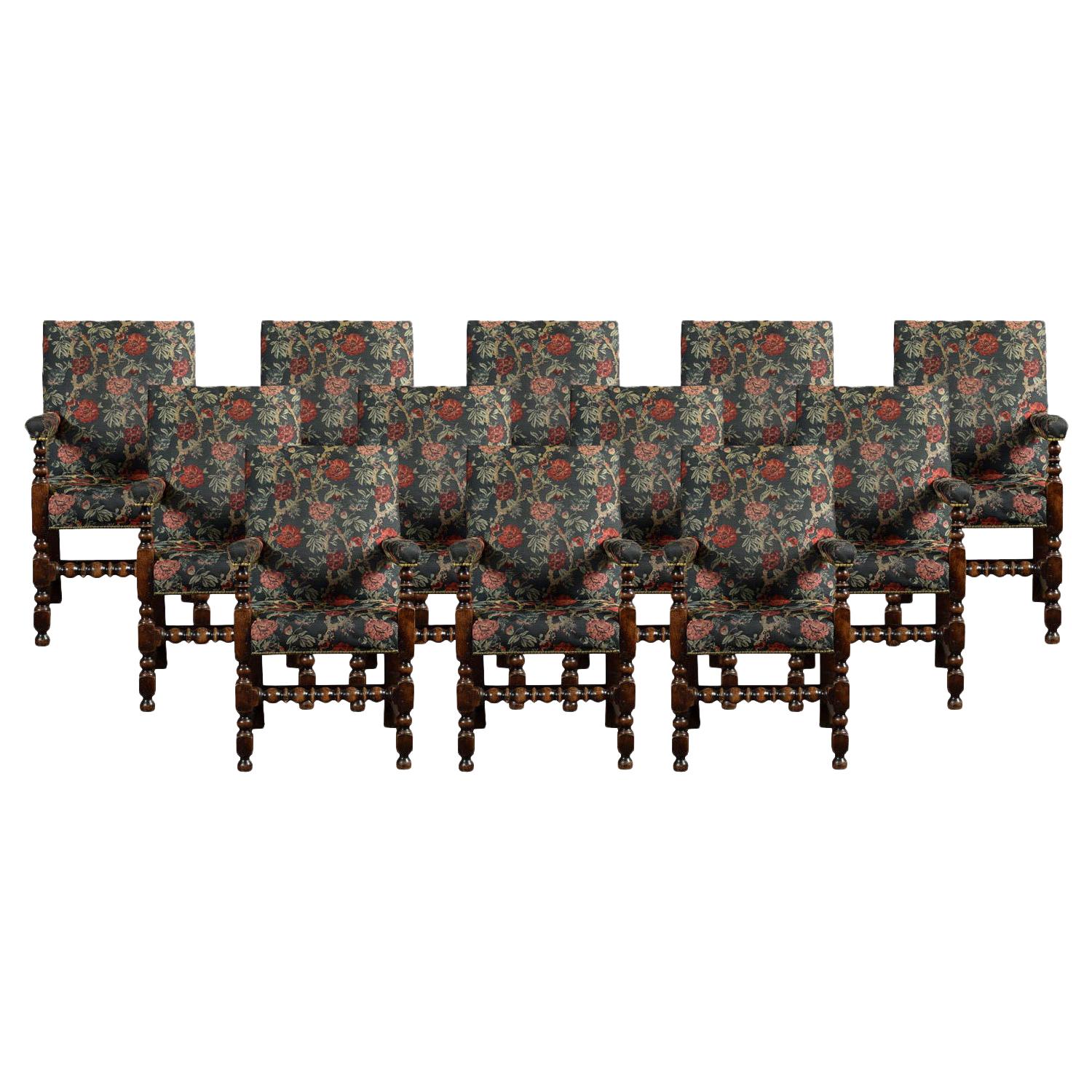 Set of Twelve Jacobean Oak Dining Chairs