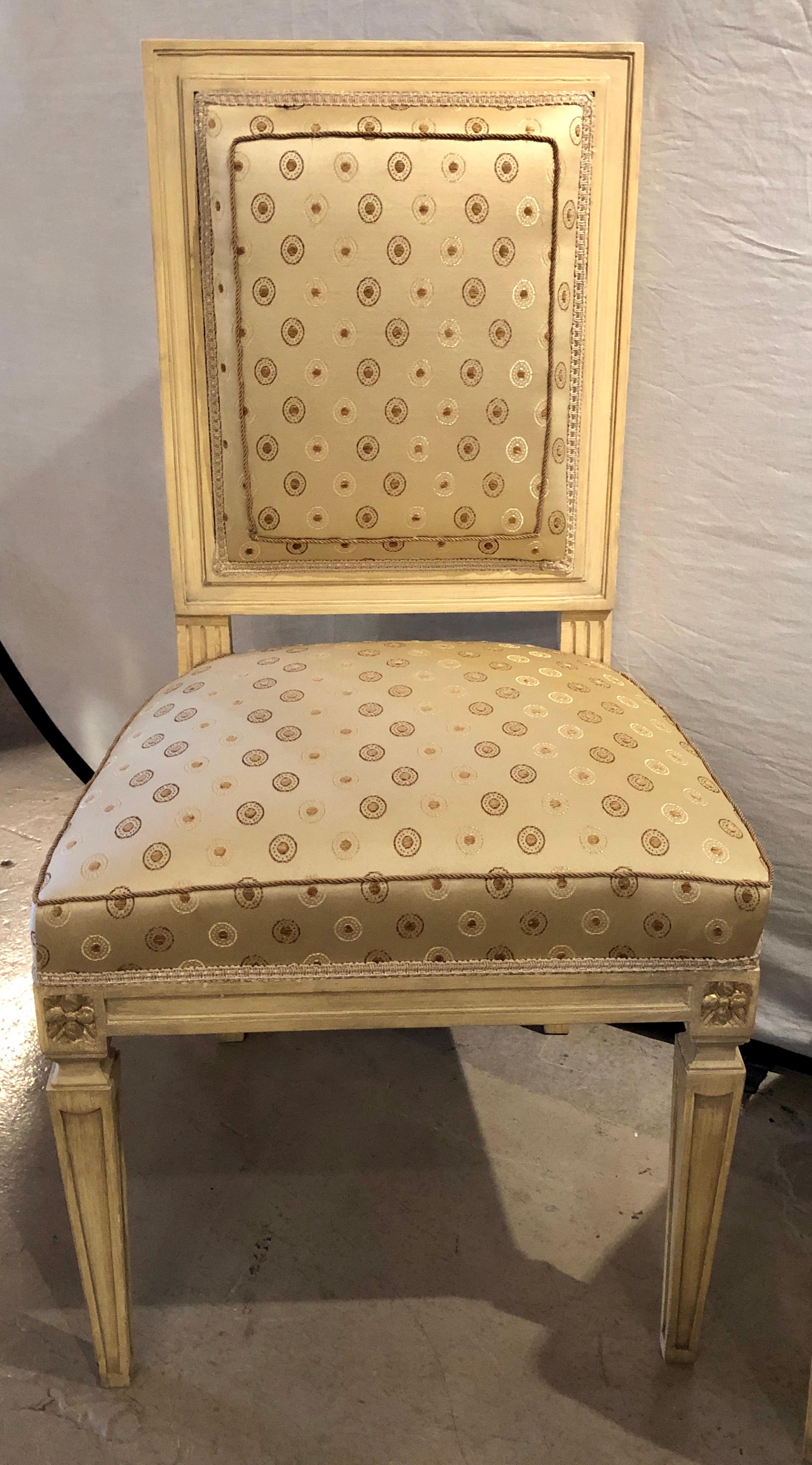 Set of Ten Jansen Style Paint Decorated & Gilt Louis XVI Style Dining Chairs In Good Condition For Sale In Stamford, CT
