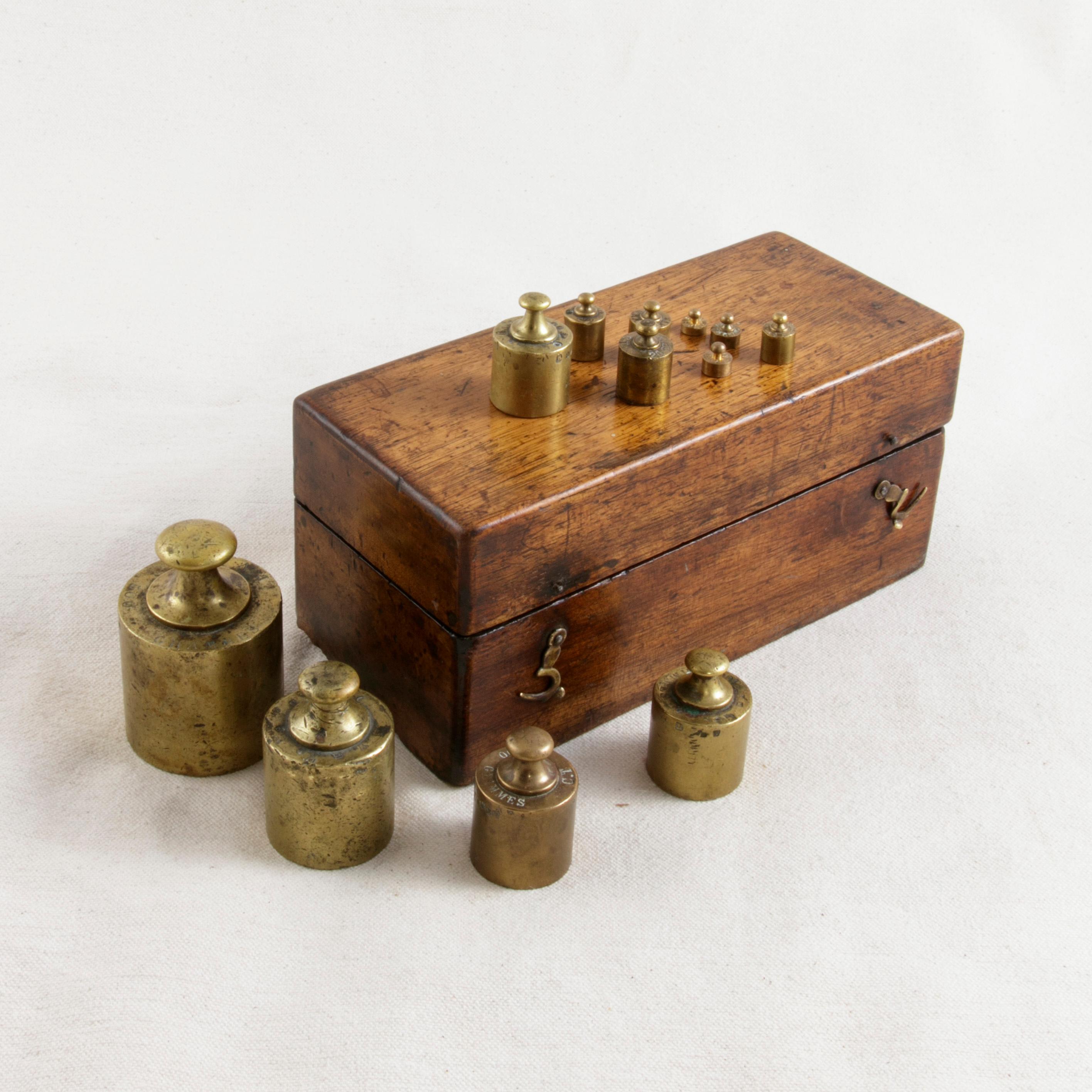 Set of Twelve Late 19th Century French Bronze Gram Weights in Solid Walnut Box In Good Condition In Fayetteville, AR