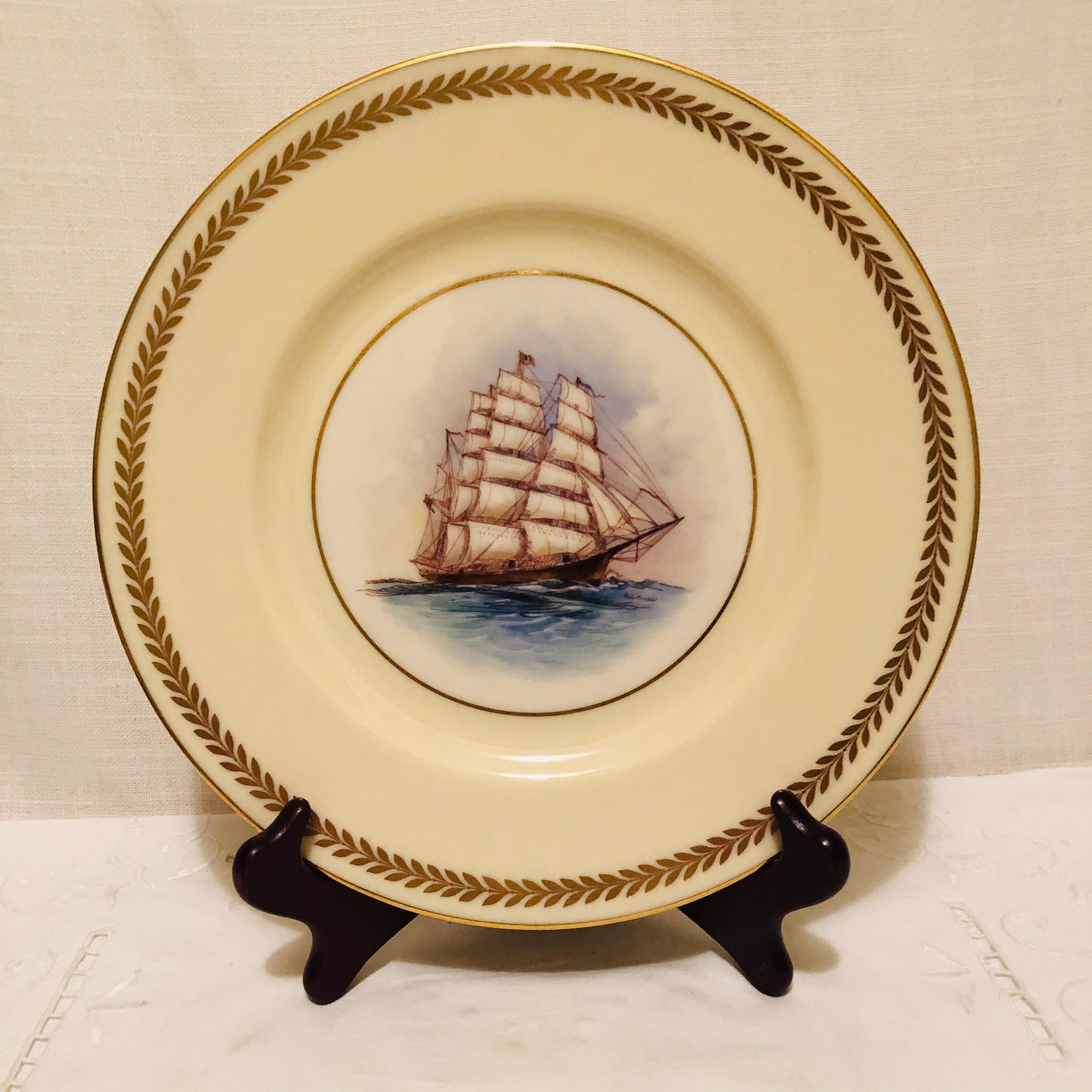 Set of twelve Lenox dinner plates each hand painted with a different tall ship and Artist-signed. The paintings of the tall ships on the ocean are very finely painted, and they would rival other marine paintings you may see. They would be a