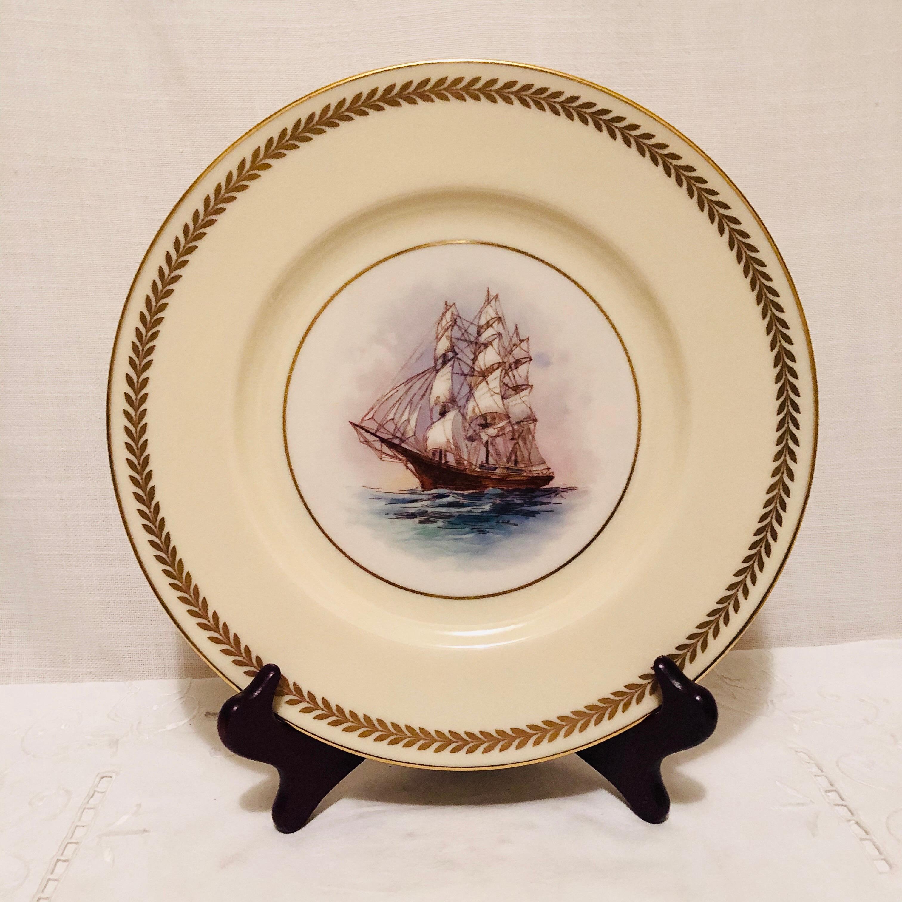 American Set of Twelve Lenox Plates Each Hand Painted with a Different Tall Ship