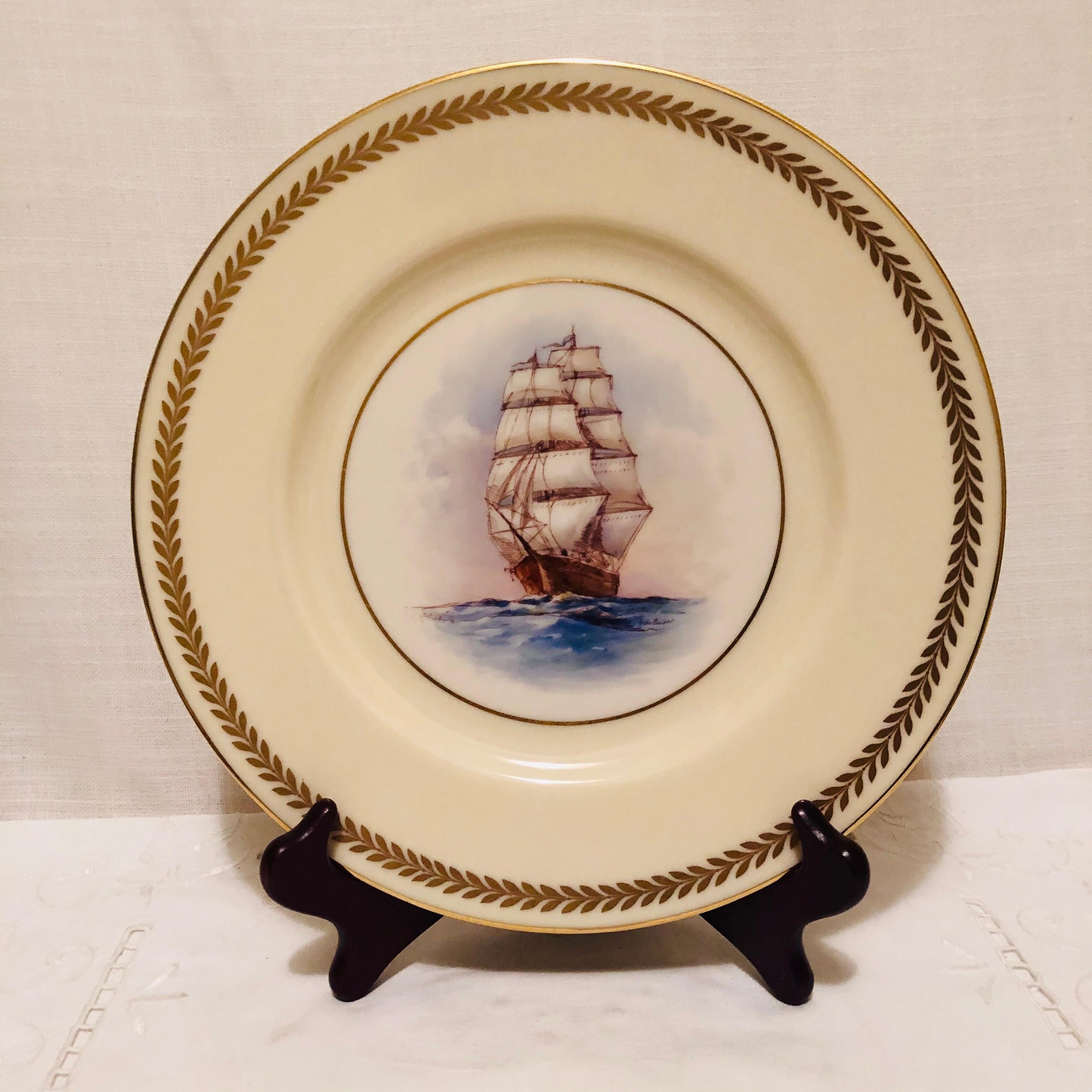 Hand-Painted Set of Twelve Lenox Plates Each Hand Painted with a Different Tall Ship