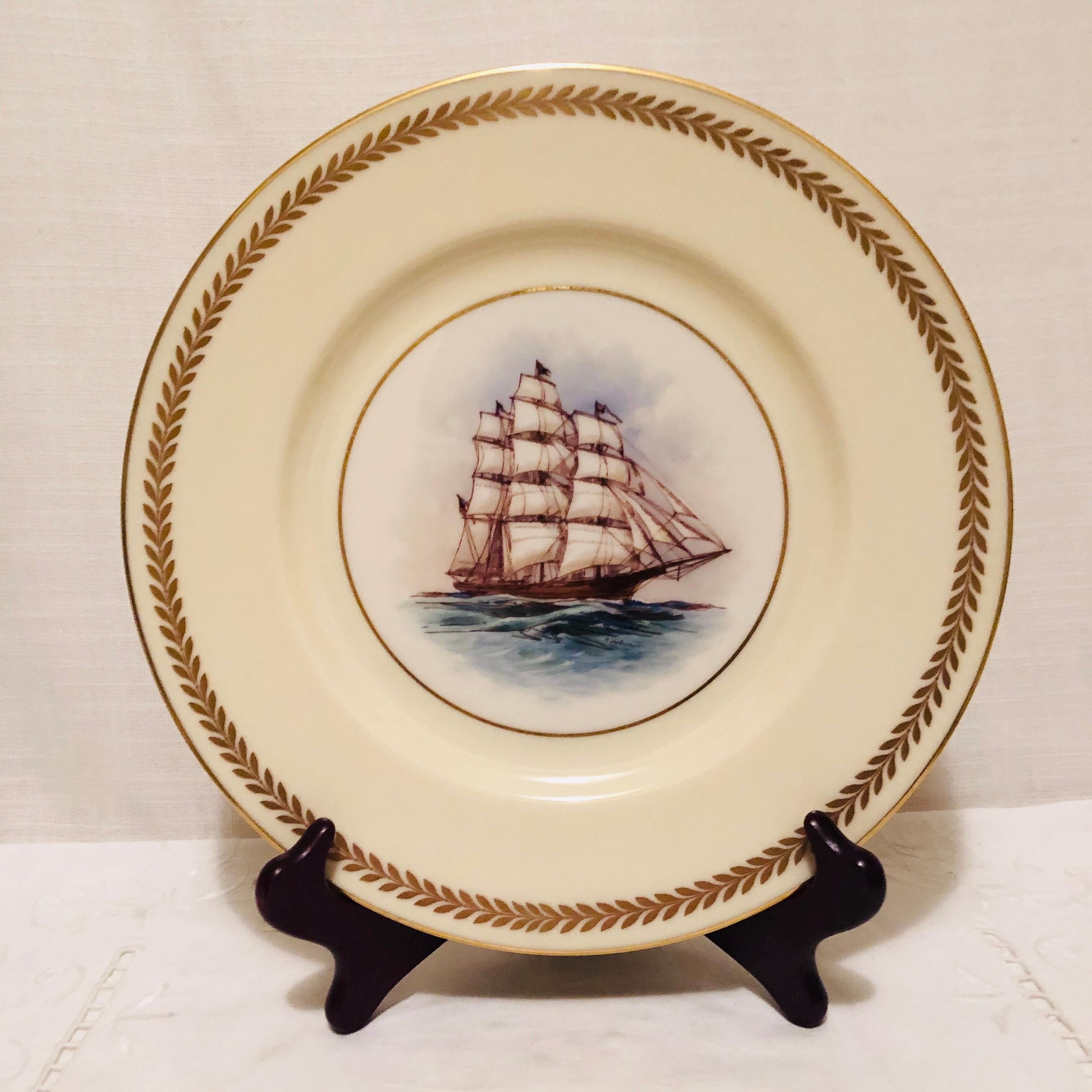Set of Twelve Lenox Plates Each Hand Painted with a Different Tall Ship In Good Condition In Boston, MA