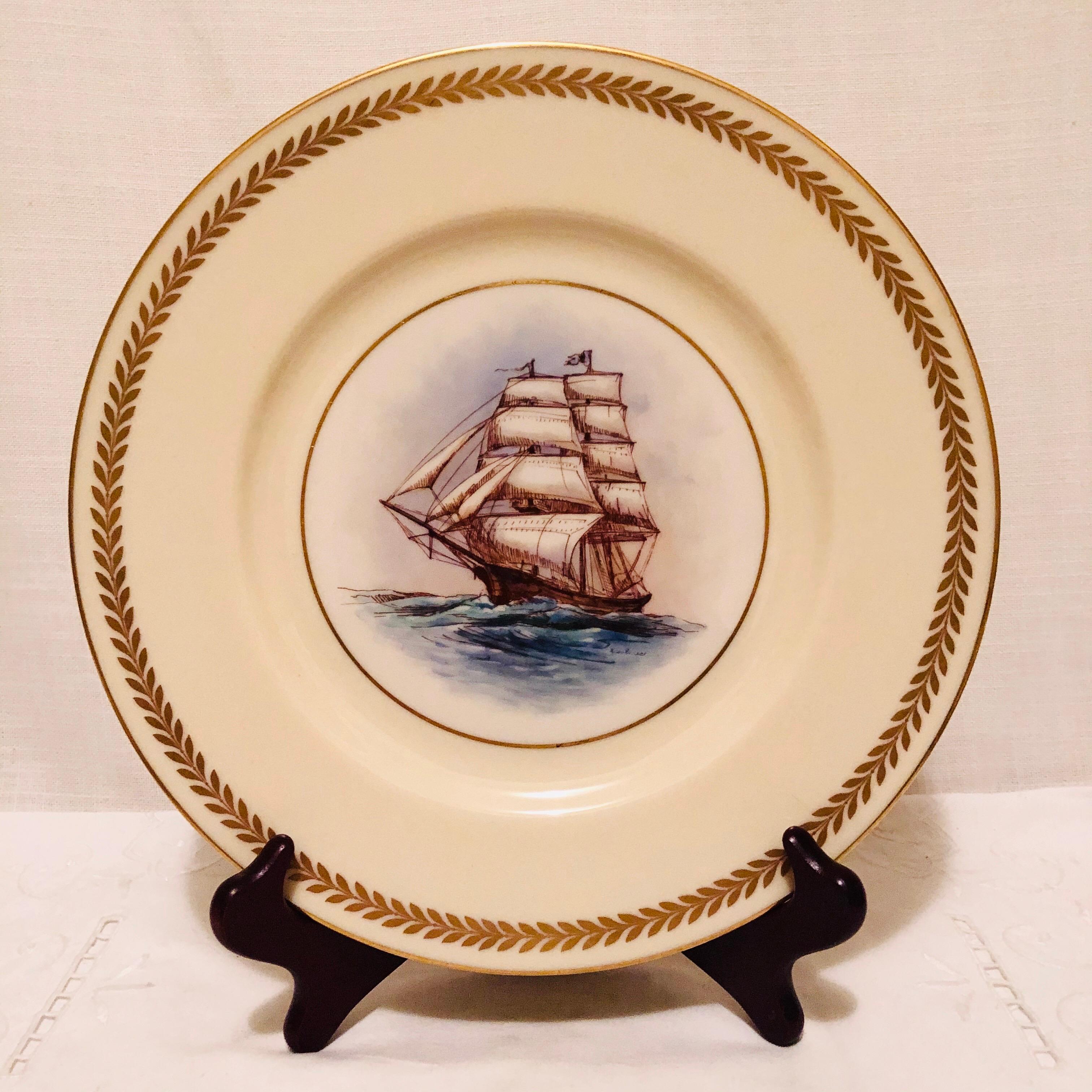 Early 20th Century Set of Twelve Lenox Plates Each Hand Painted with a Different Tall Ship