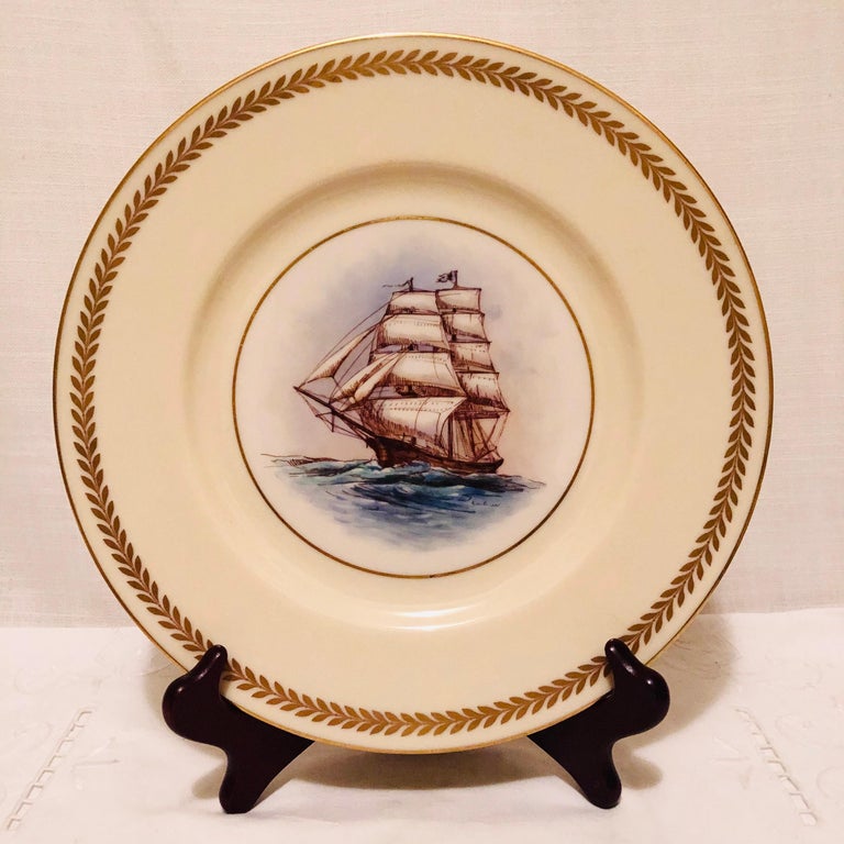 Set of Twelve Lenox Plates Each Hand Painted with a Different Tall Ship
